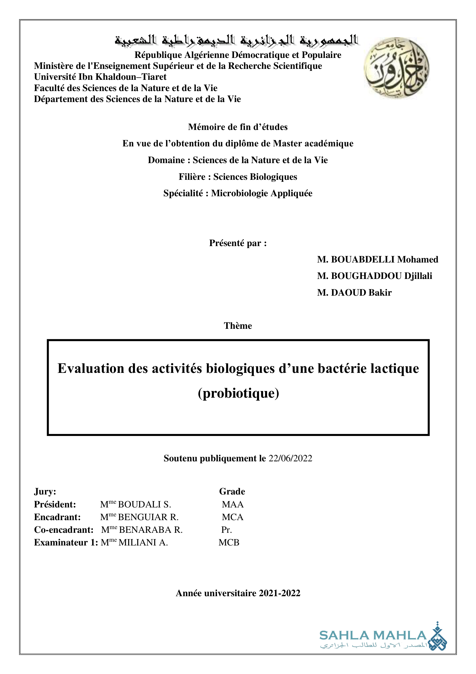 Evaluation des activités biologiques d'une bactérie lactique (probiotique)
