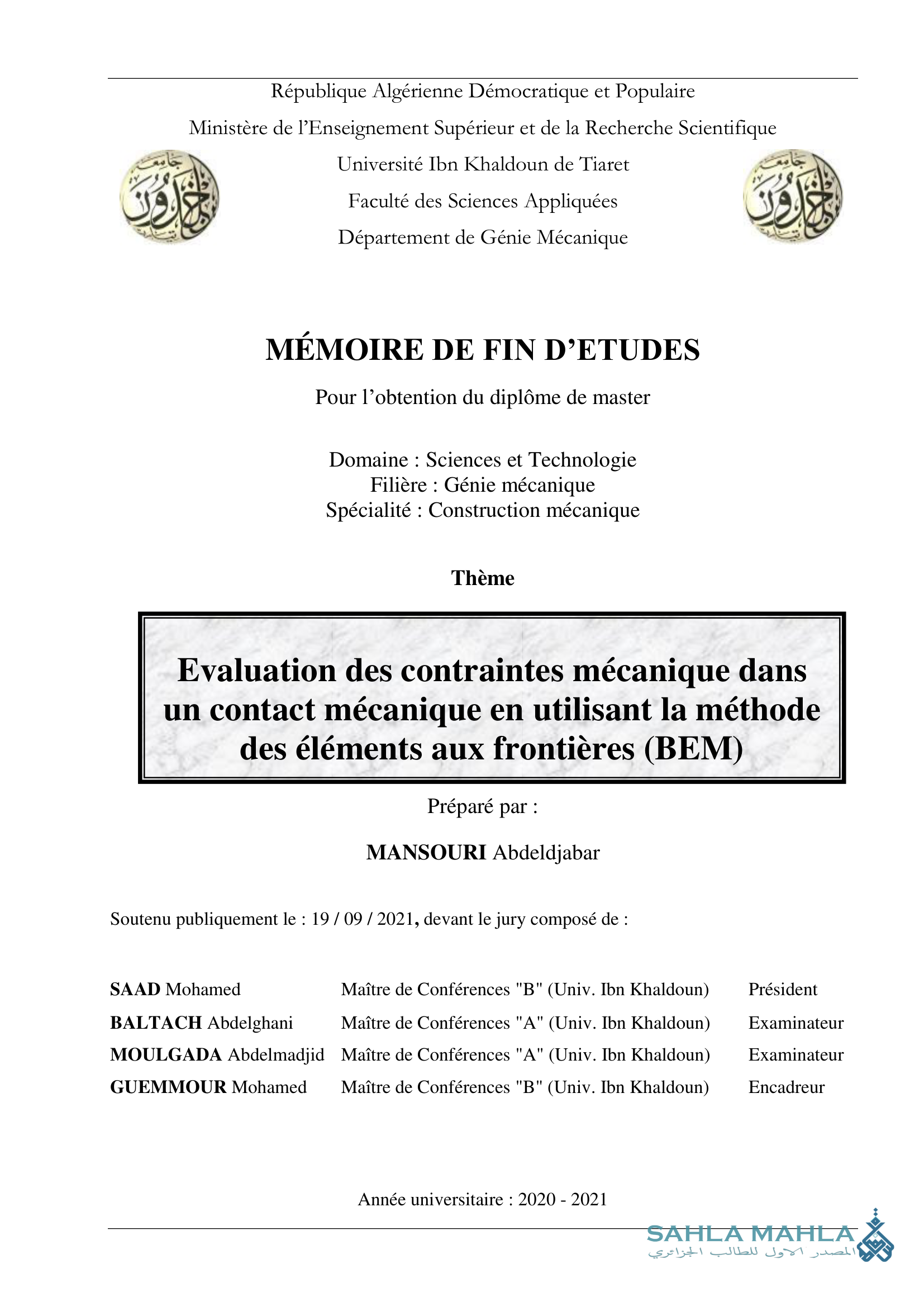 Evaluation des contraintes mécanique dans un contact mécanique en utilisant la méthode des éléments aux frontières (BEM)