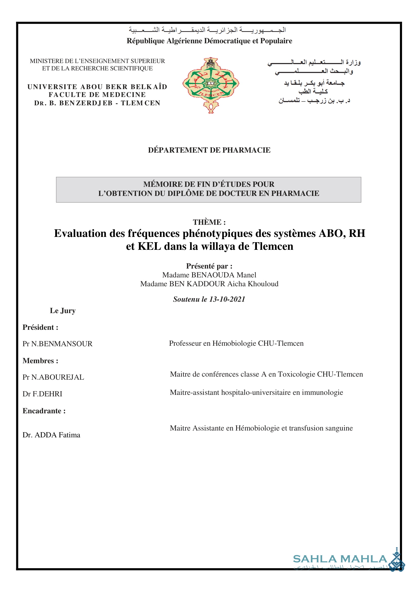 Evaluation des fréquences phénotypiques des systèmes ABO, RH et KEL dans la willaya de Tlemcen