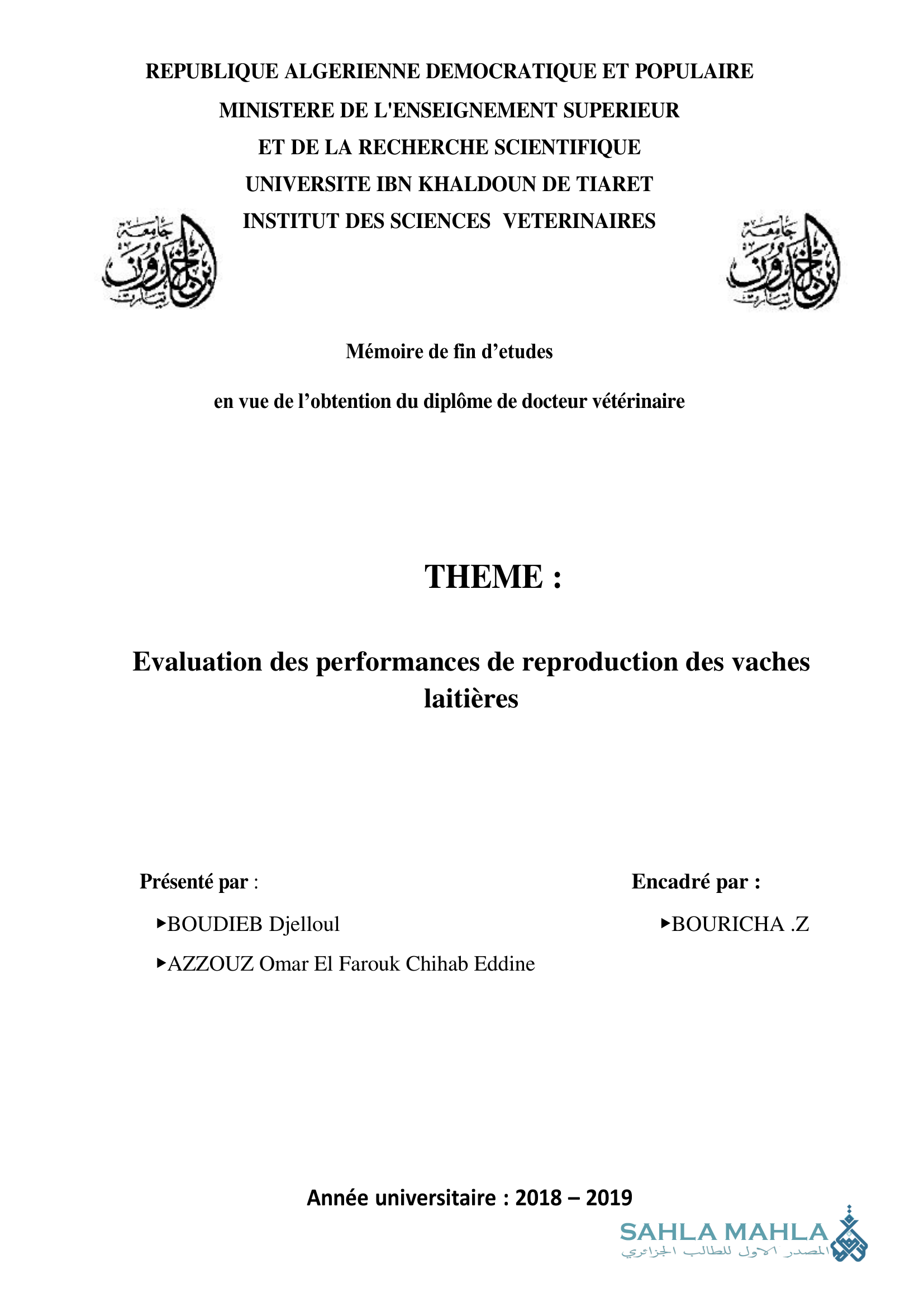 Evaluation des performances de reproduction des vaches laitières