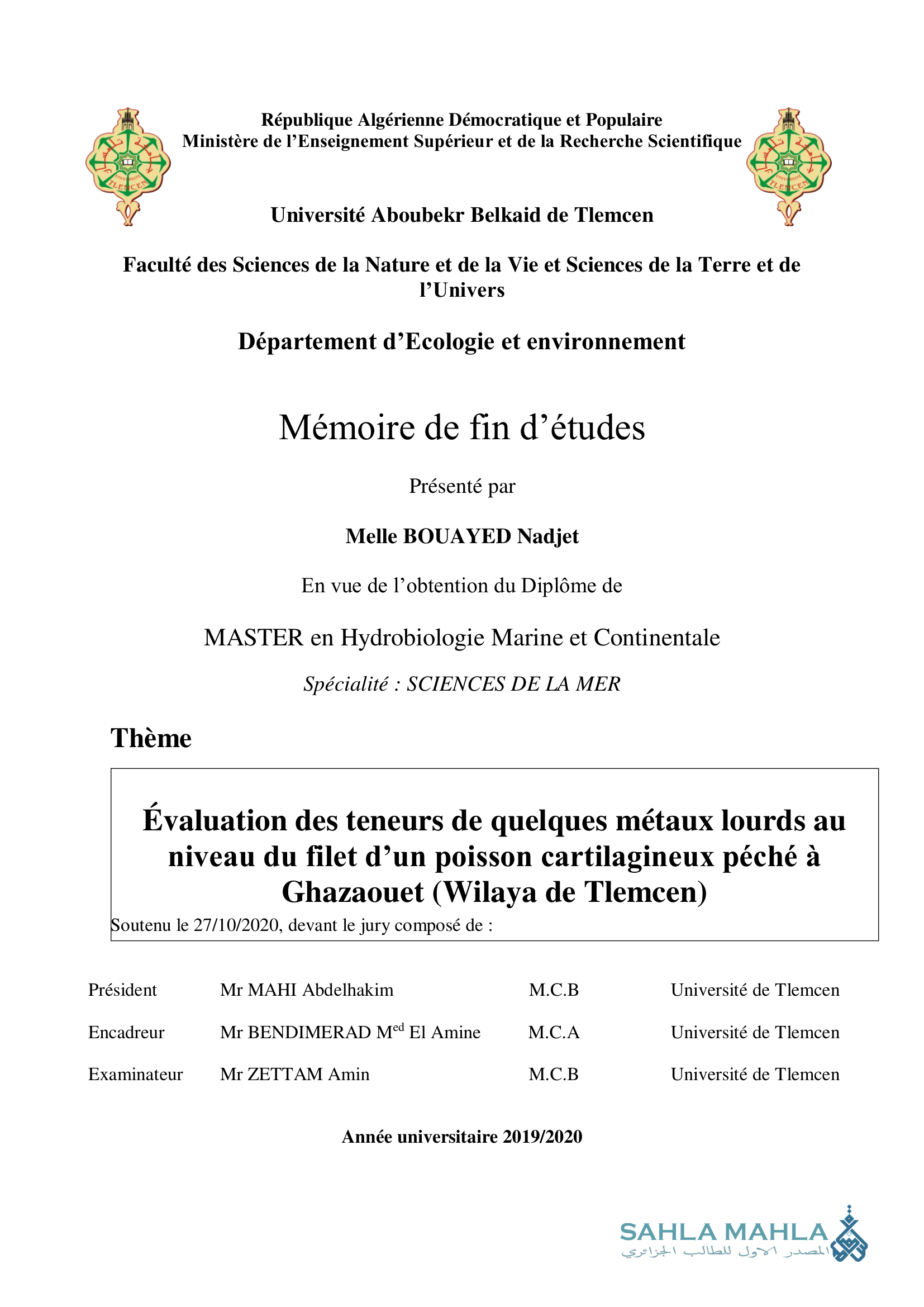 Évaluation des teneurs de quelques métaux lourds au niveau du filet d'un poisson cartilagineux péché à Ghazaouet (Wilaya de Tlemcen)