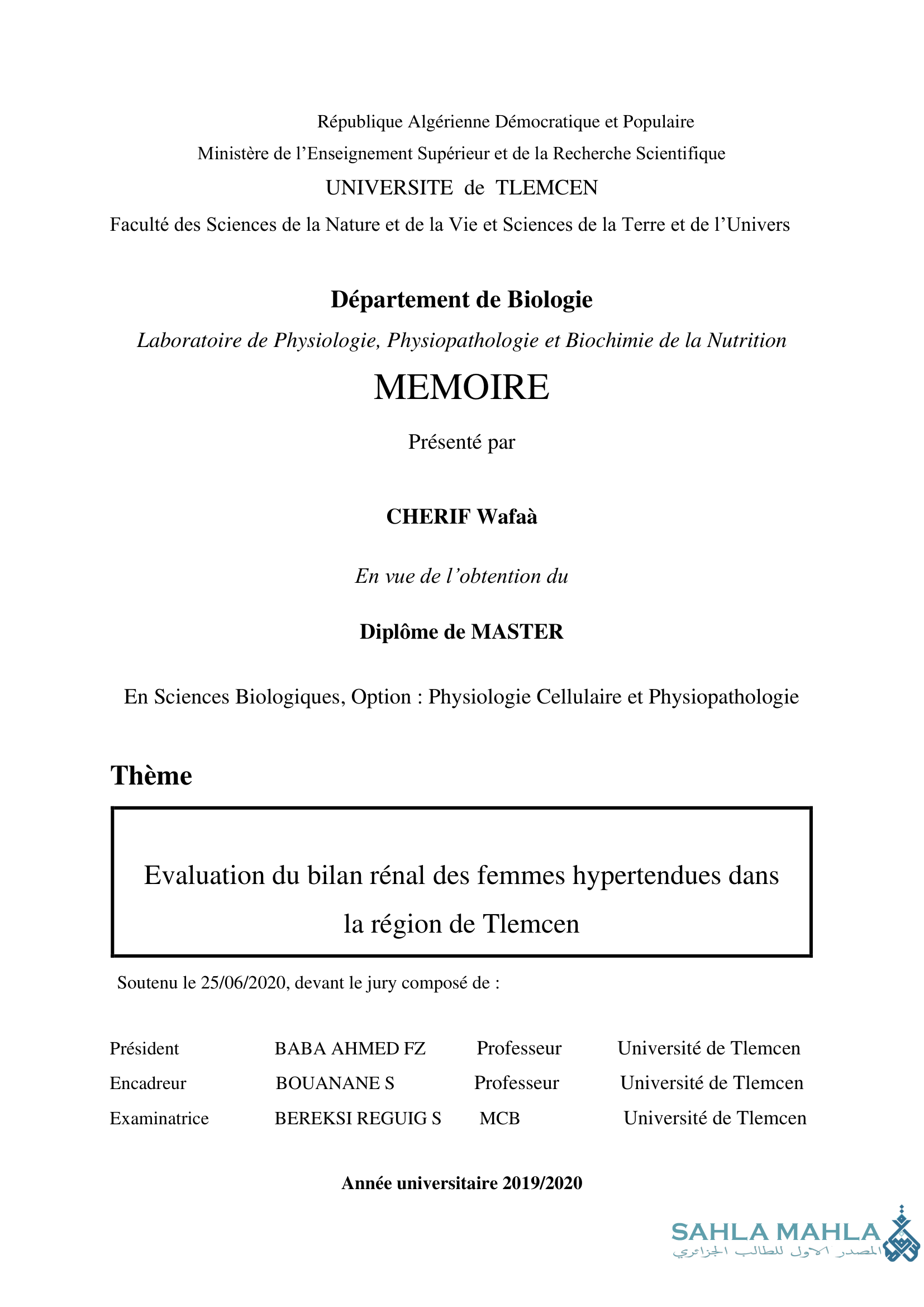 Evaluation du bilan rénal des femmes hypertendues dans la région de Tlemcen