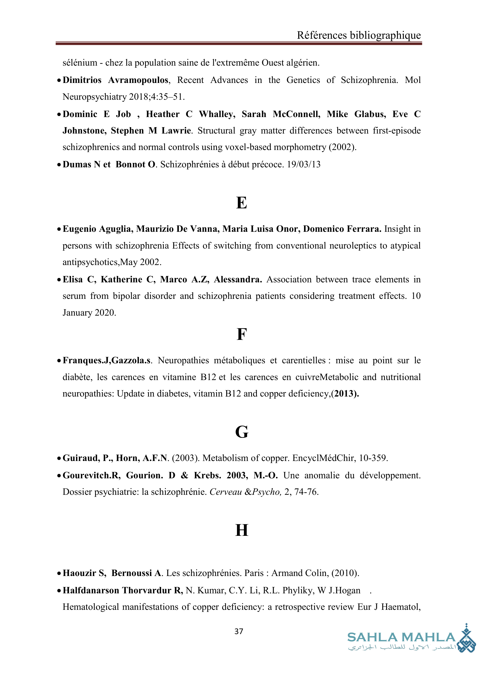 Evaluation du déséquilibre cuivre/zinc chez des patients schizophrènes de l'extrême ouest algérien