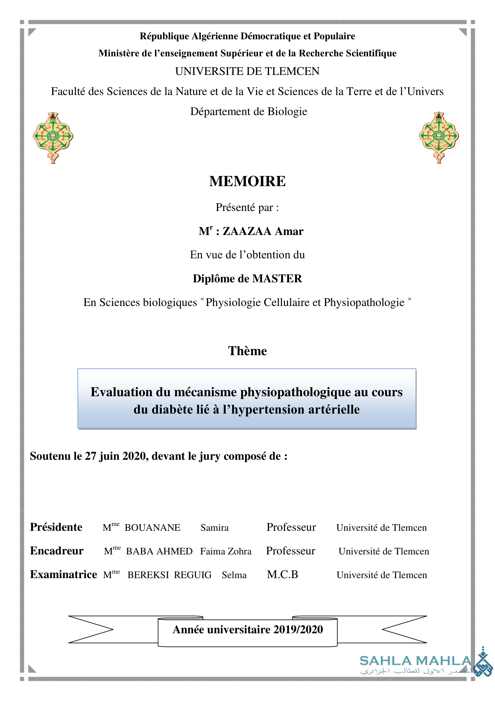Evaluation du mécanisme physiopathologique au cours du diabète lié à l'hypertension artérielle