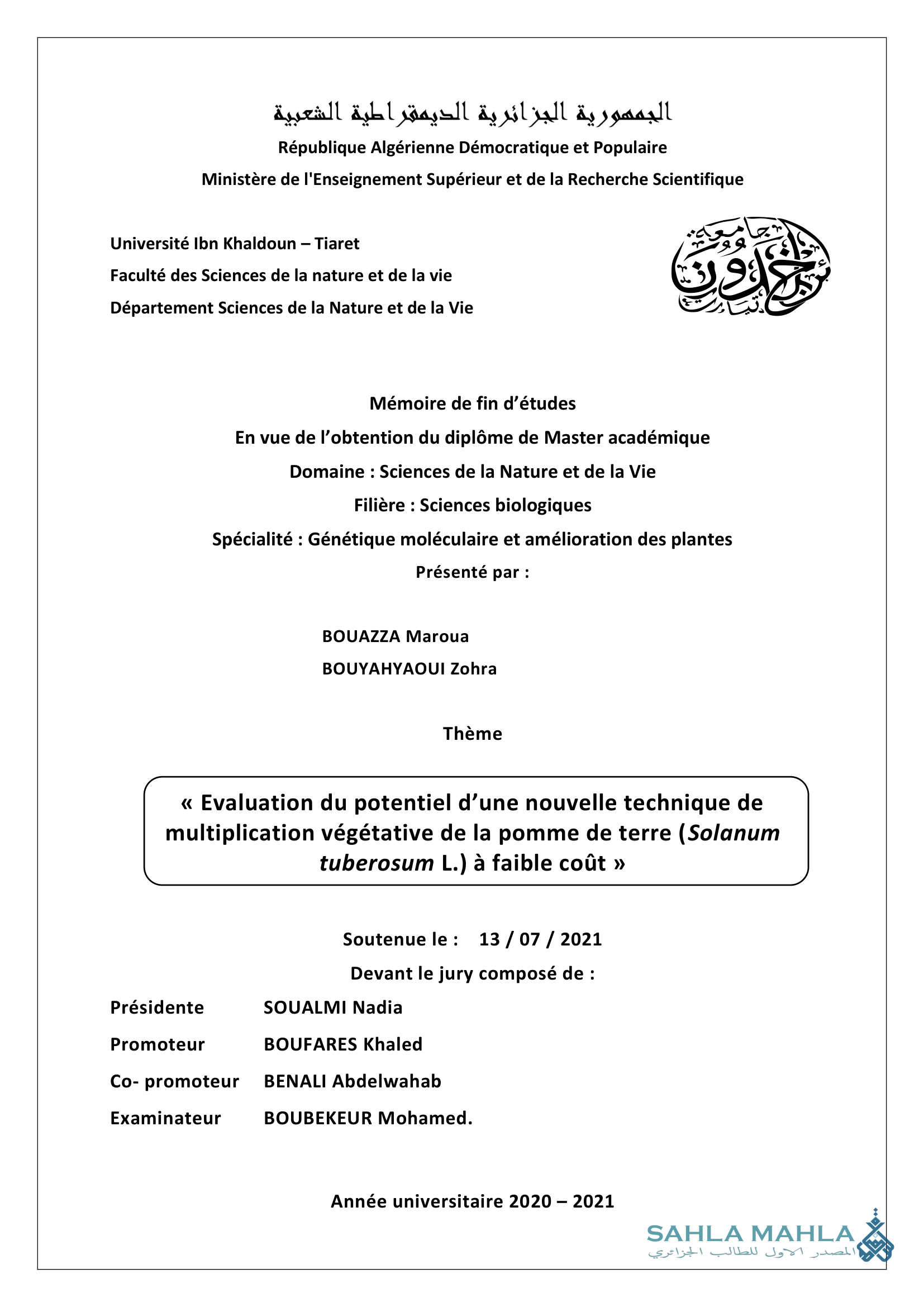Evaluation du potentiel d'une nouvelle technique de multiplication végétative de la pomme de terre (Solanum tuberosum L.) à faible coût