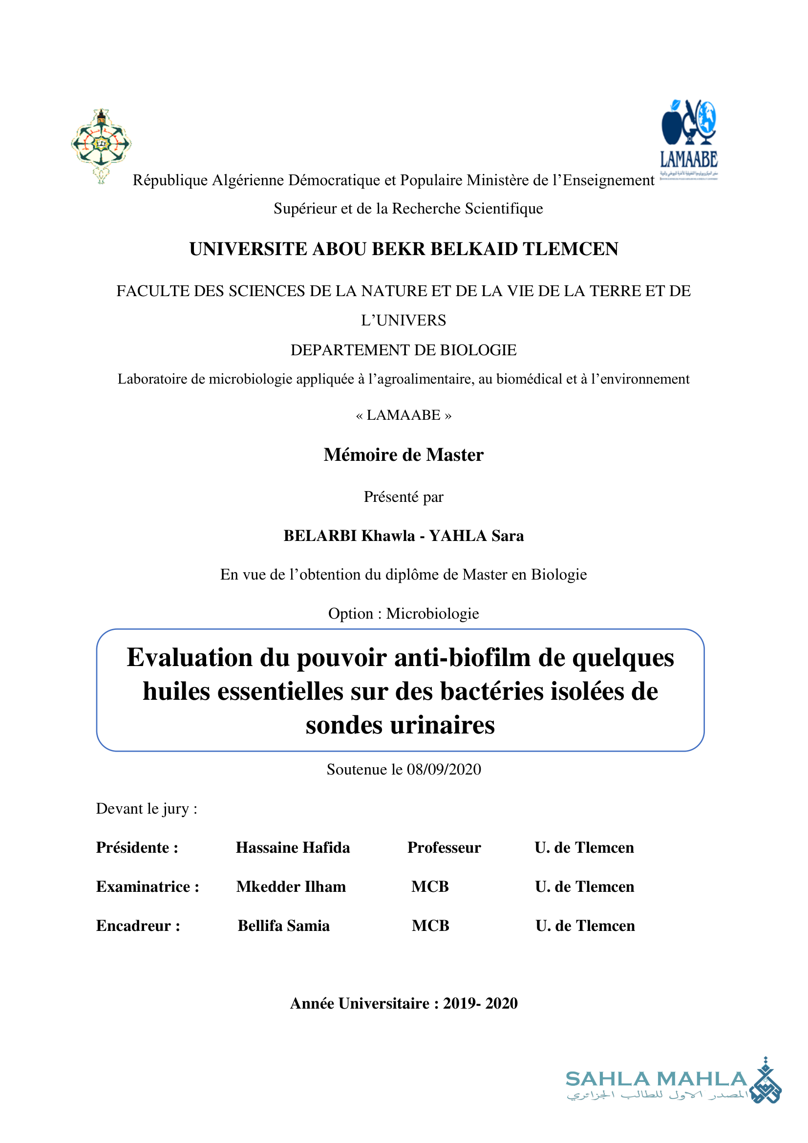 Evaluation du pouvoir anti-biofilm de quelques huiles essentielles sur des bactéries isolées de sondes urinaires