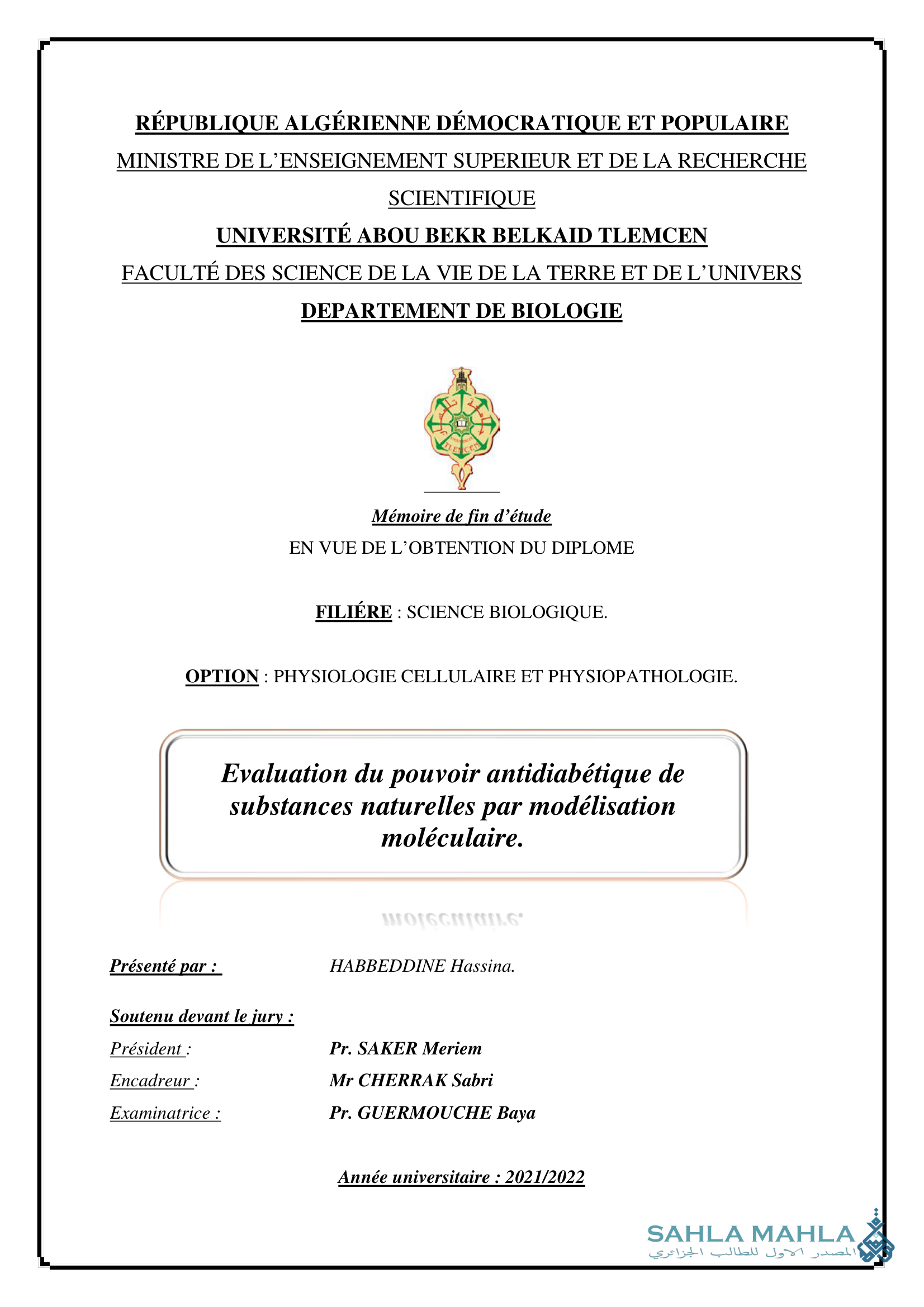 Evaluation du pouvoir antidiabétique de substances naturelles par modélisation moléculaire.