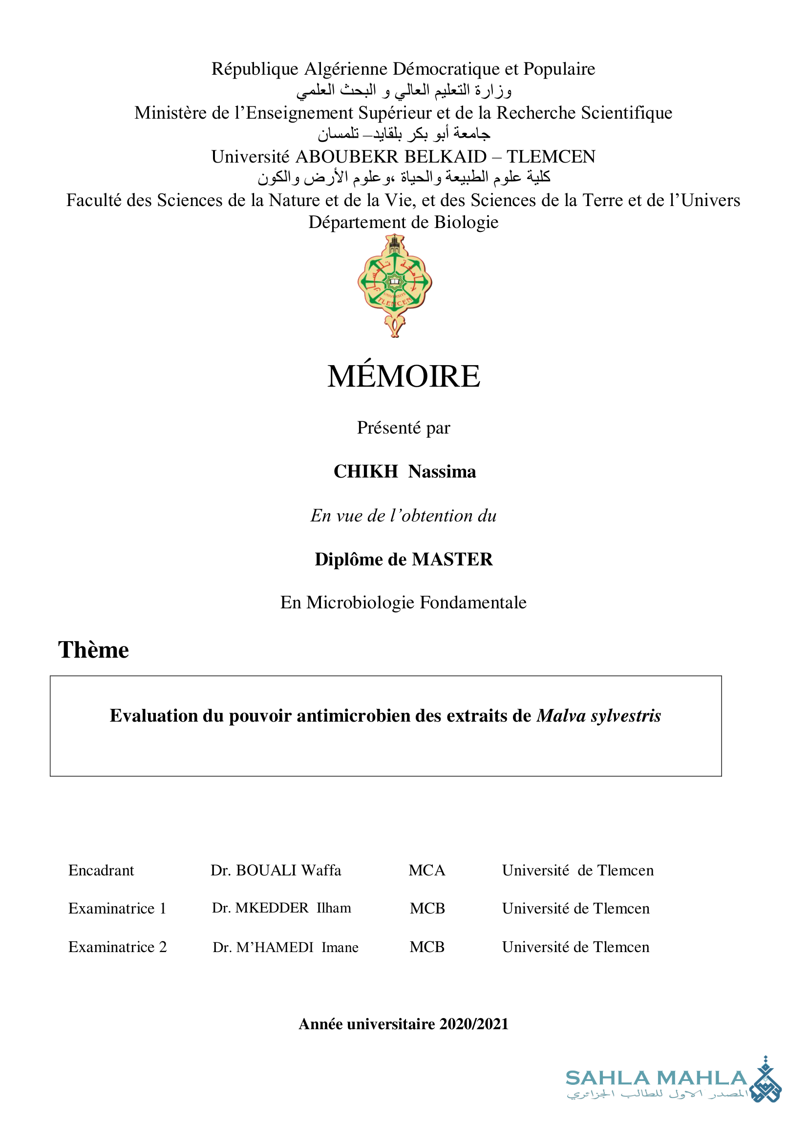 Evaluation du pouvoir antimicrobien des extraits de Malva sylvestris