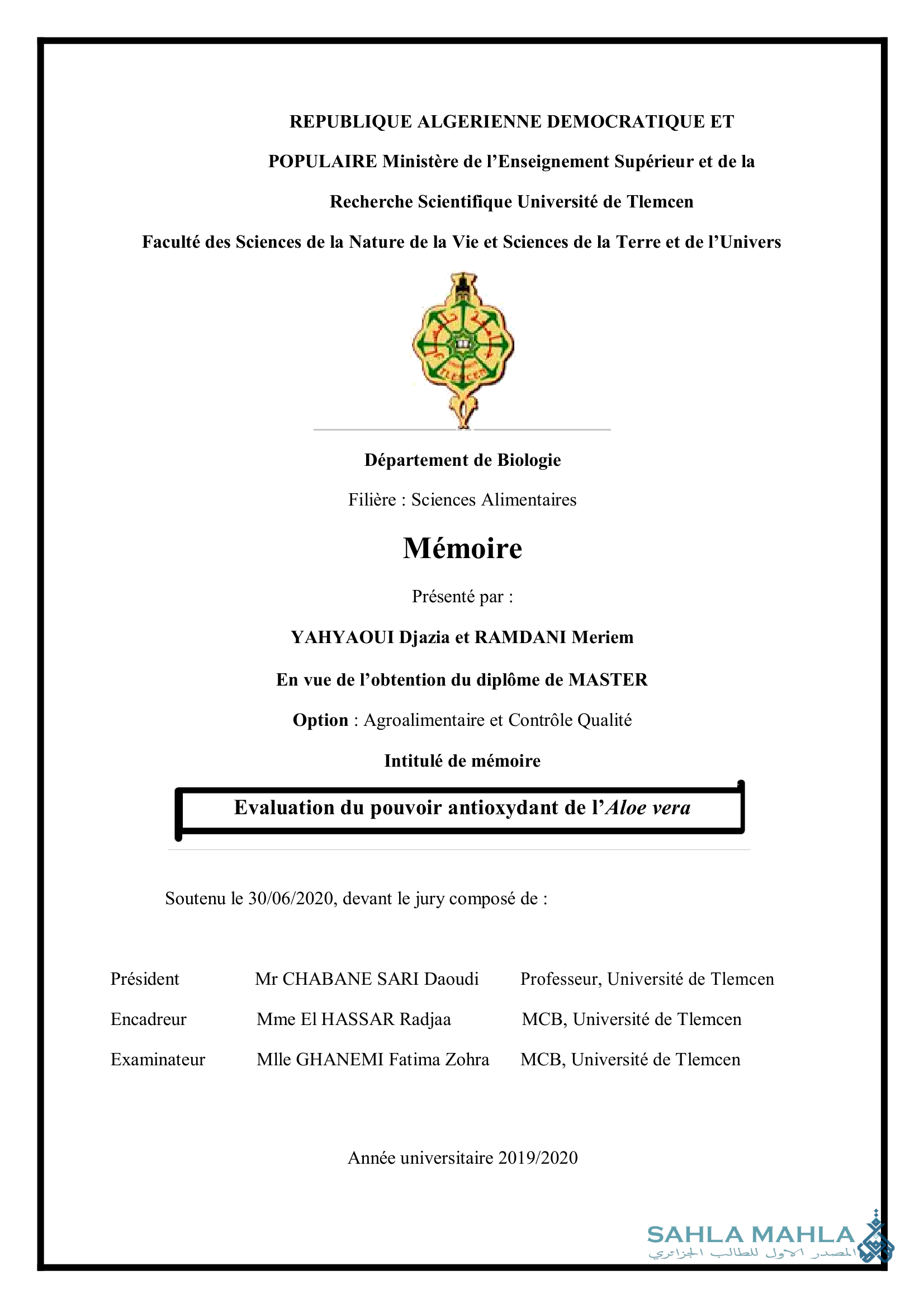 Evaluation du pouvoir antioxydant de l'Aloe vera