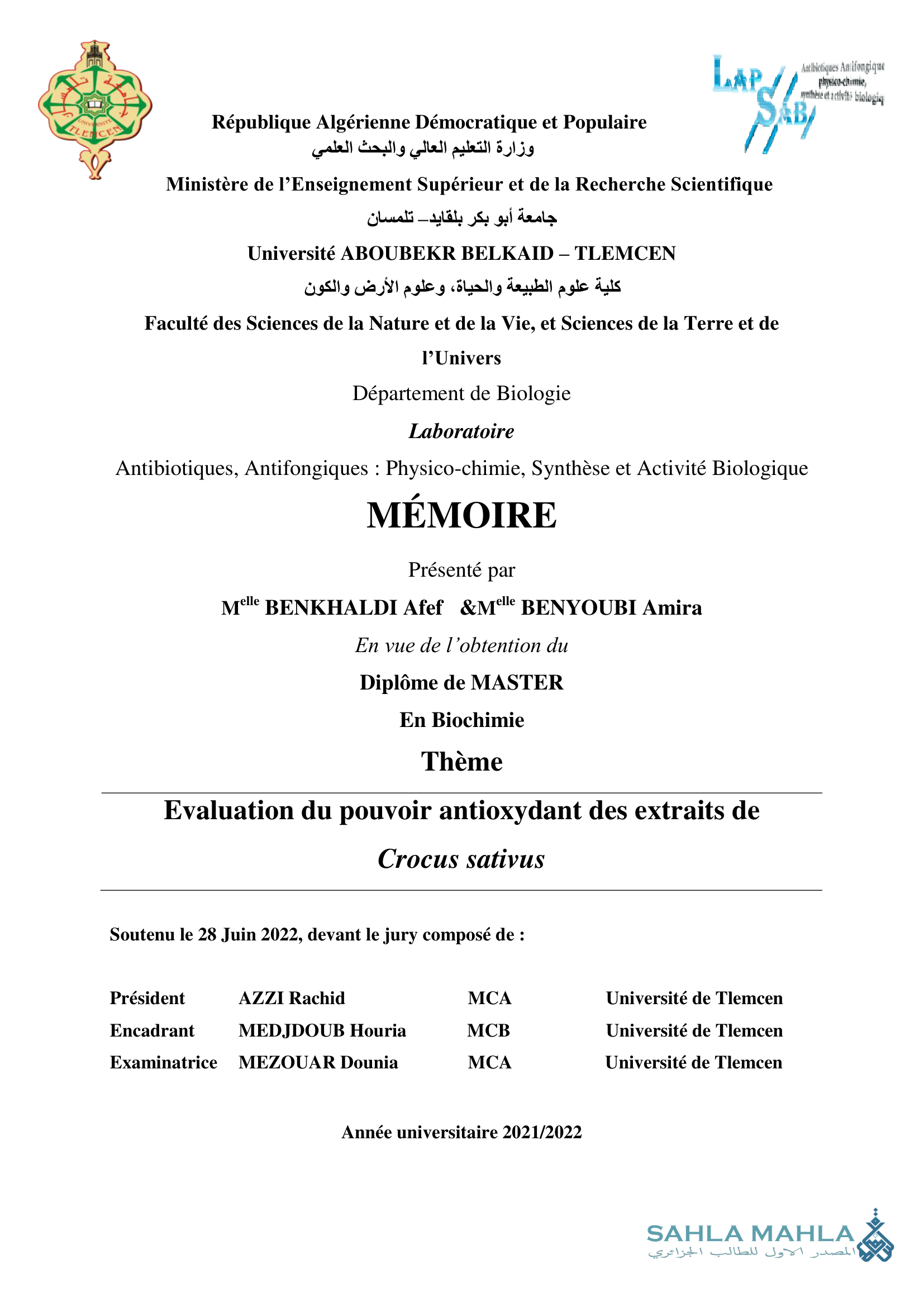 Evaluation du pouvoir antioxydant des extraits de Crocus sativus