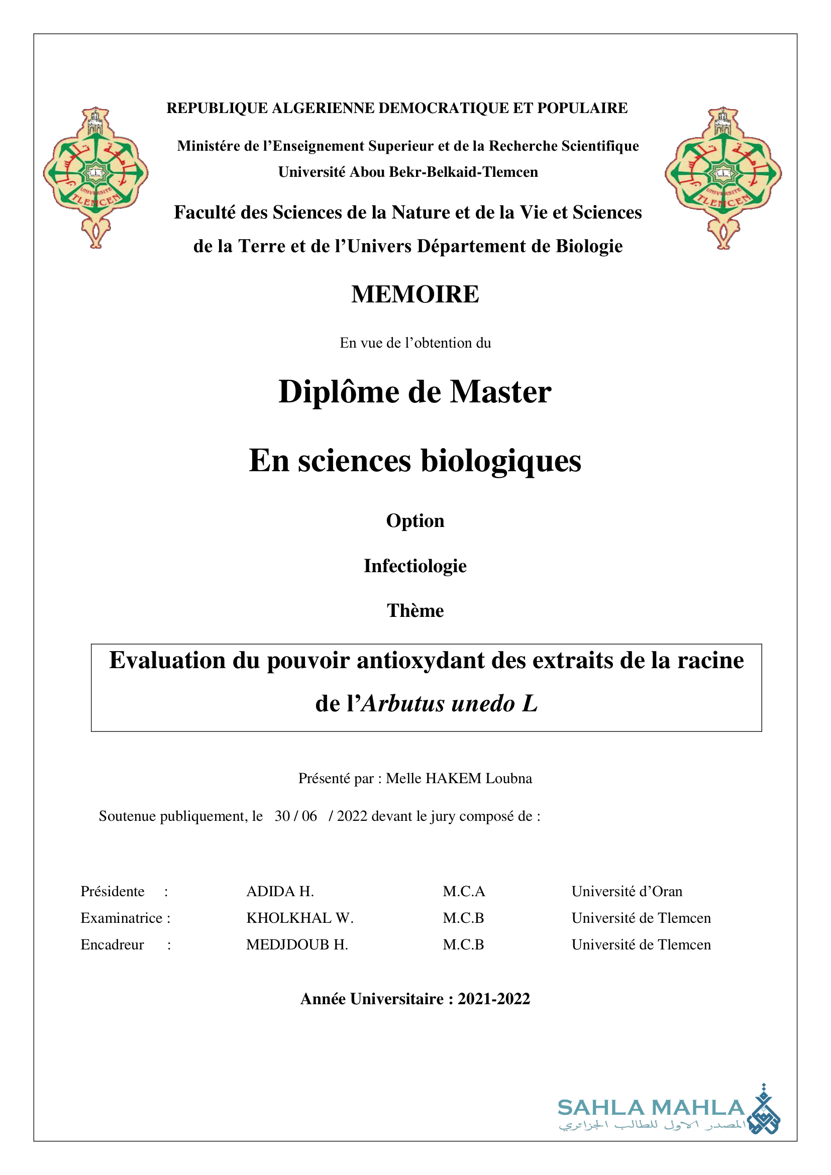 Evaluation du pouvoir antioxydant des extraits de la racine de l'Arbutus unedo L