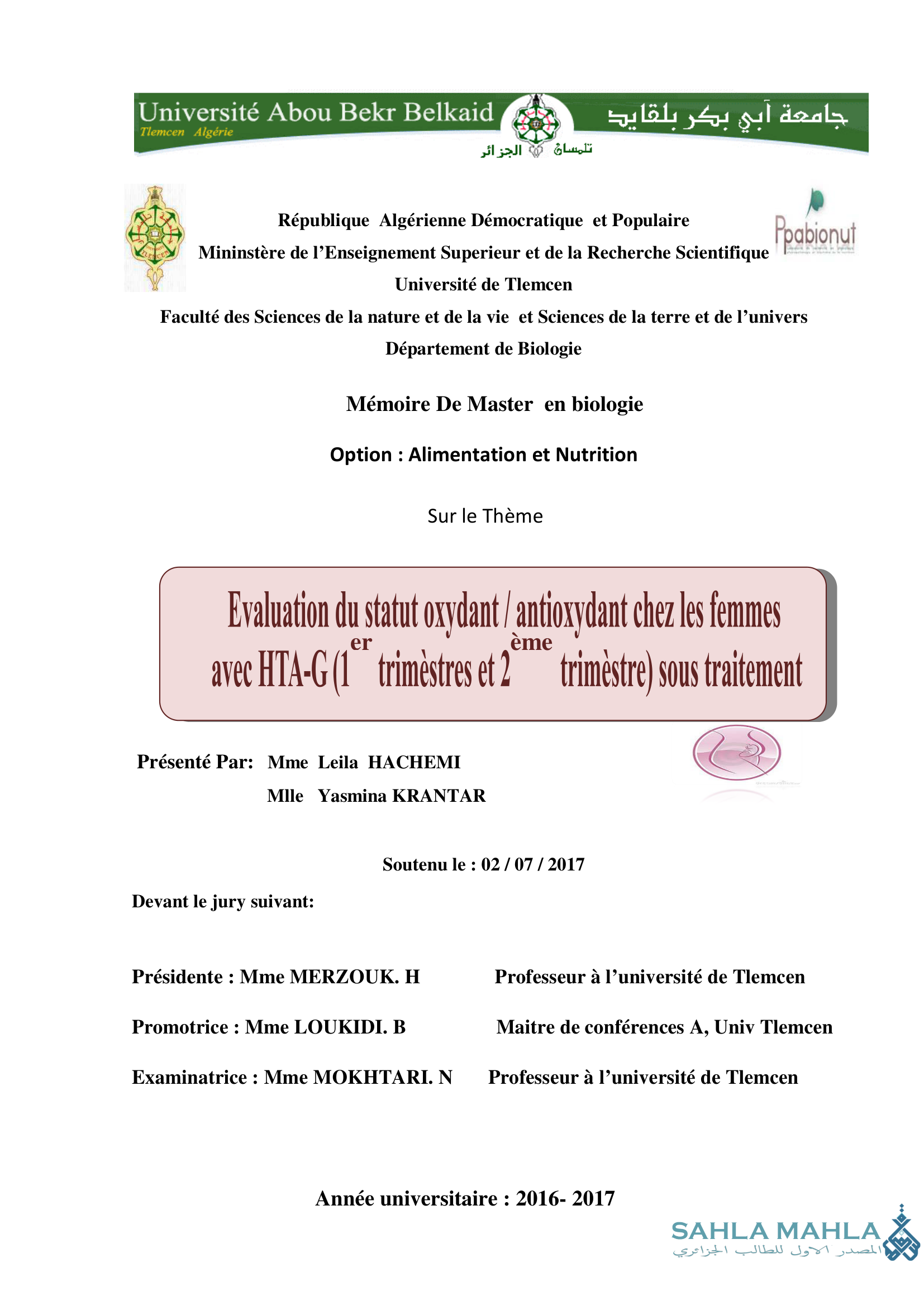 Evaluation du statut oxydant/antioxydant chez les femmes avec HTA-G (1 trimestres et 2 trimestre) sous traitement