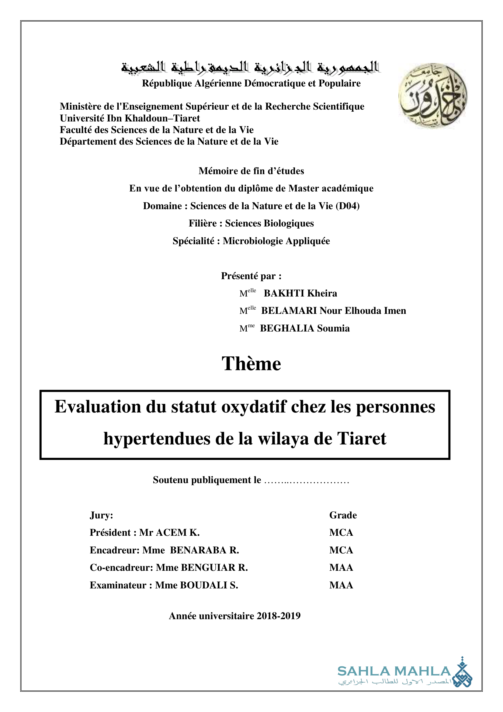 Evaluation du statut oxydatif chez les personnes hypertendues de la wilaya de Tiaret