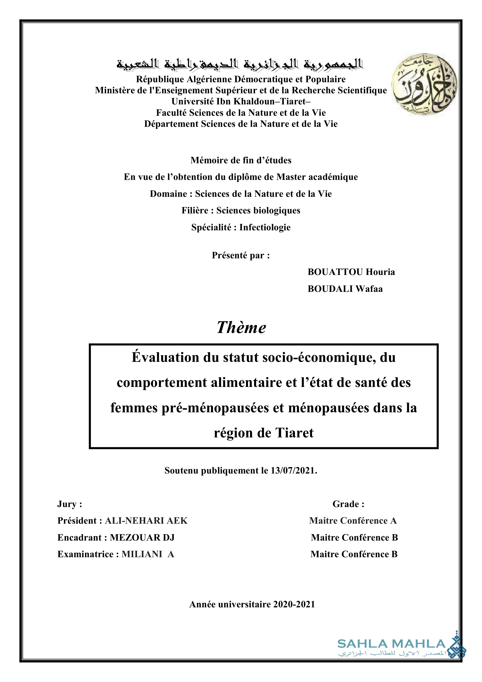 Évaluation du statut socio-économique, du comportement alimentaire et l'état de santé des femmes pré-ménopausées et ménopausées dans la région de Tiaret