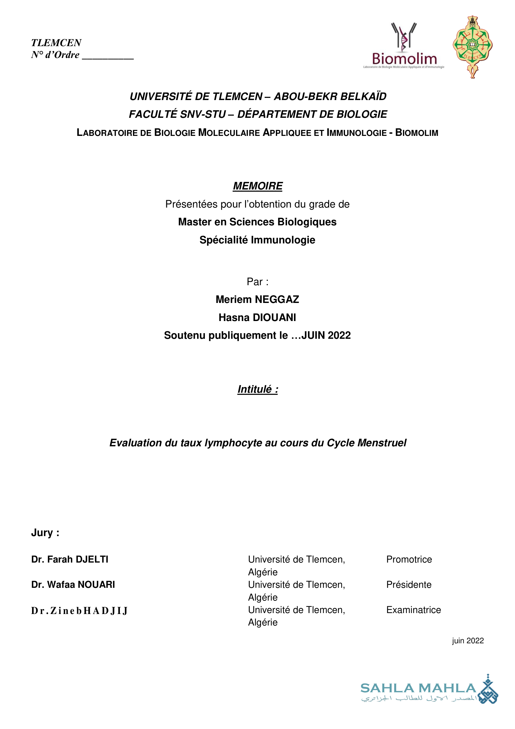Evaluation du taux lymphocyte au cours du Cycle Menstruel