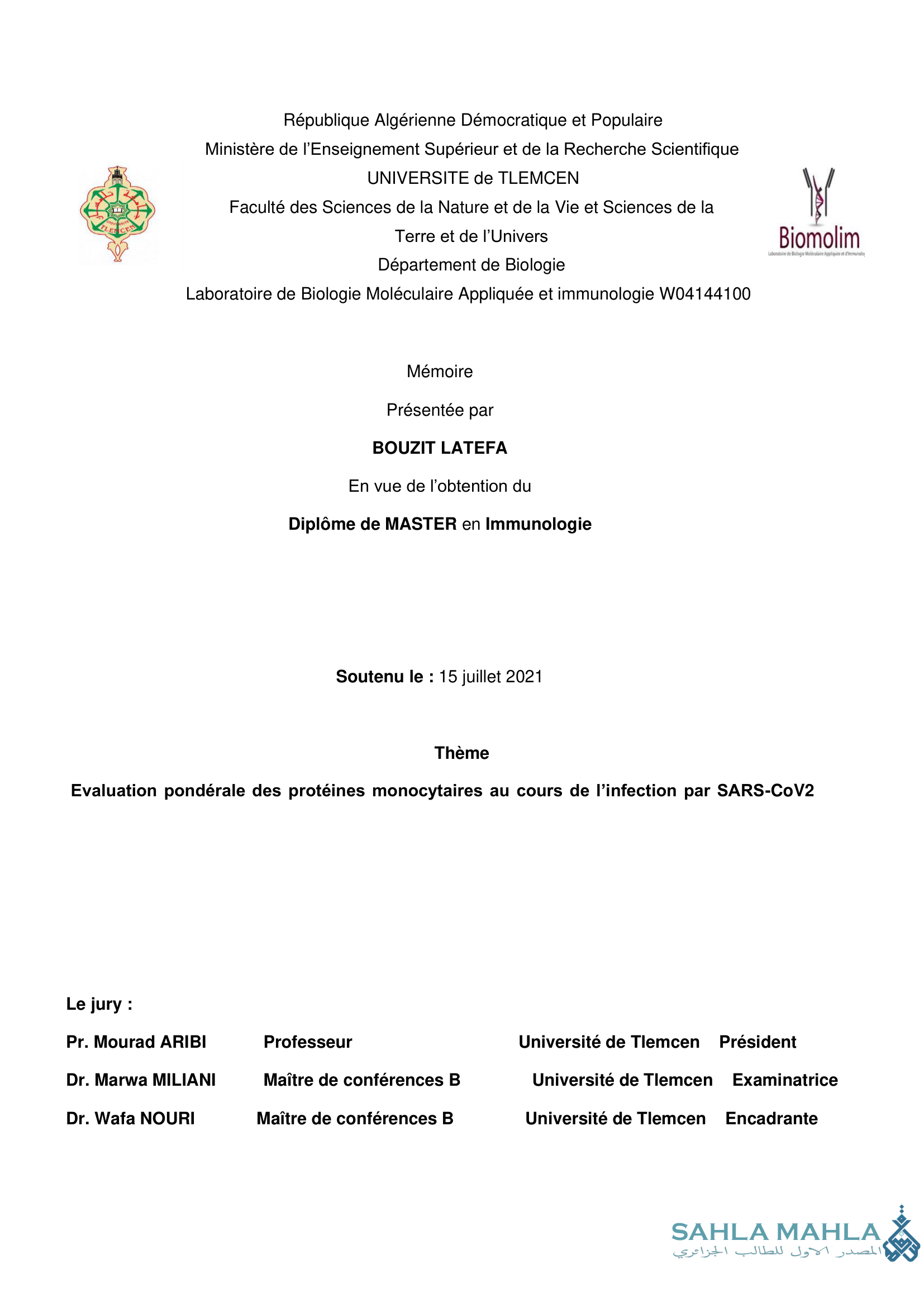 Evaluation pondérale des protéines monocytaires au cours de l'infection par SARS-CoV2