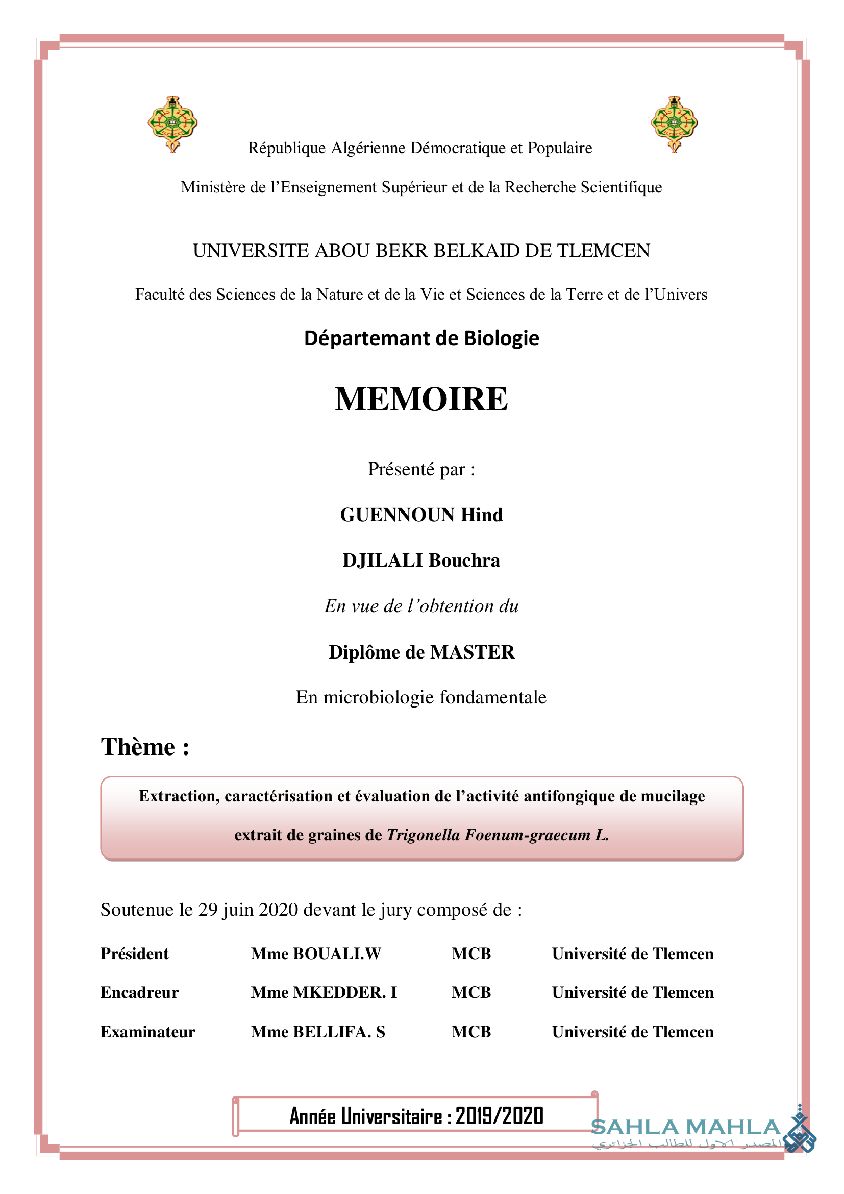 Extraction, caractérisation et évaluation de l'activité antifongique de mucilage extrait de graines de Trigonella Foenum-graecum L.