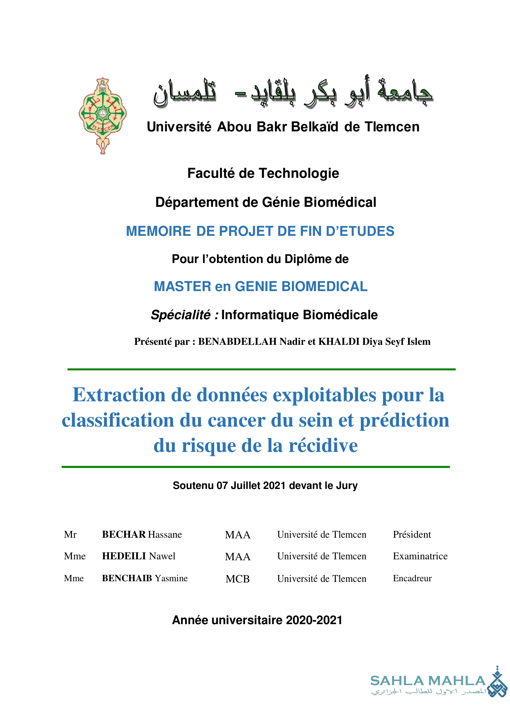 Extraction de données exploitables pour la classification du cancer du sein et prédiction du risque de la récidive