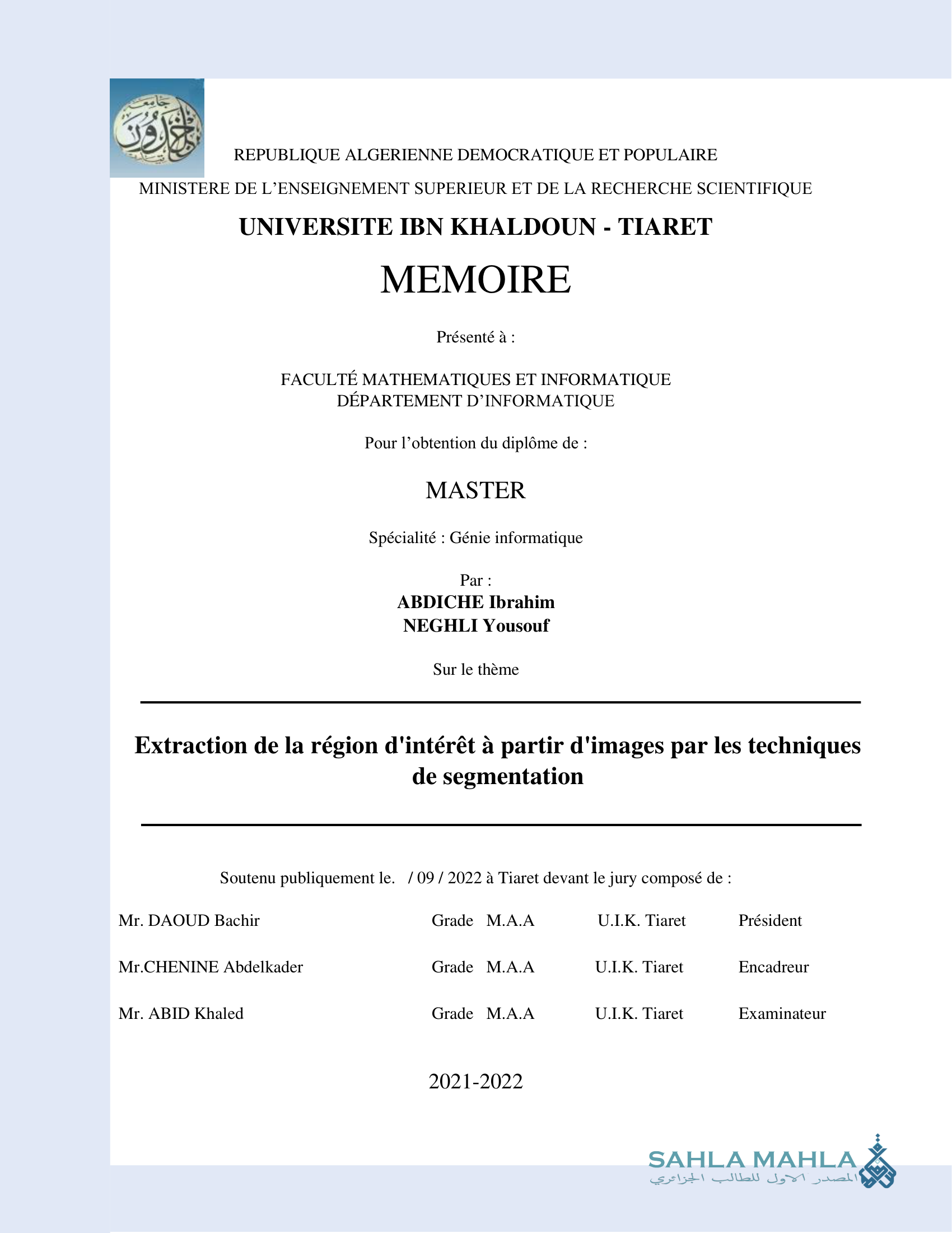 Extraction de la région d'intérêt à partir d'images par les techniques de segmentation