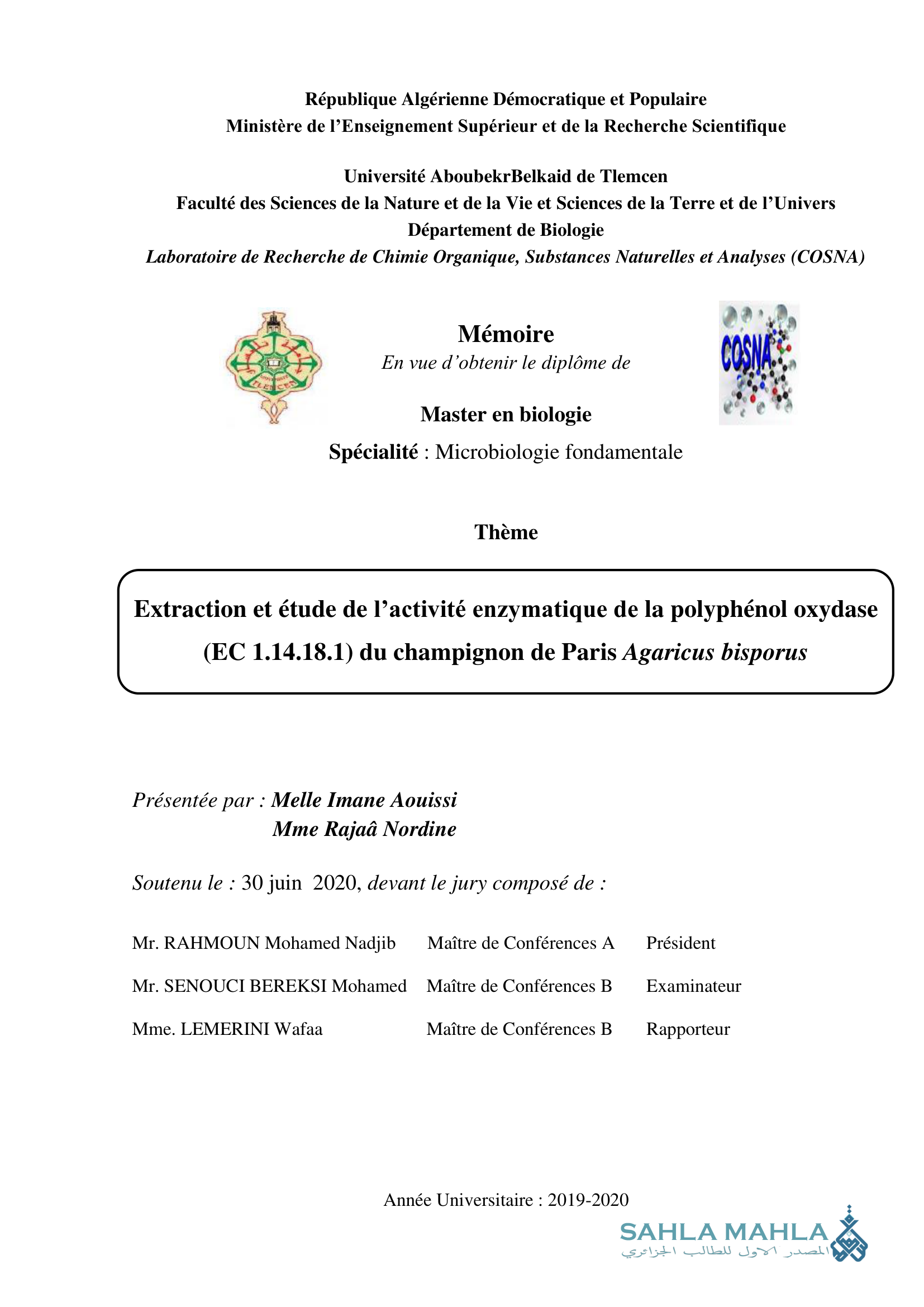 Extraction et étude de l'activité enzymatique de la polyphénol oxydase (EC 1.14.18.1) du champignon de Paris Agaricus bisporus