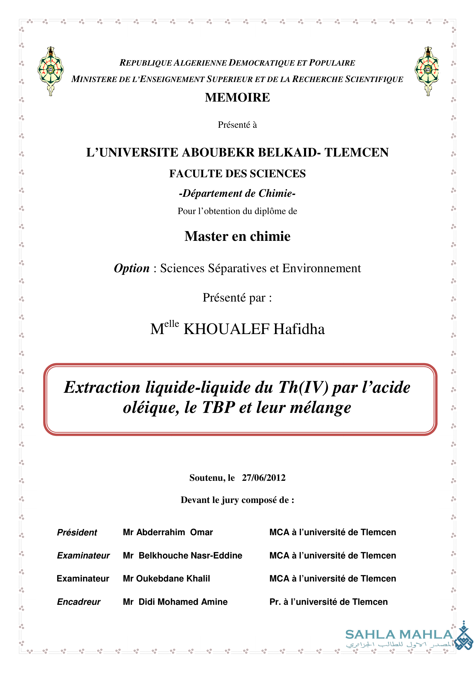 Extraction liquide-liquide du Th(IV) par l'acide oléique, le TBP et leur mélange