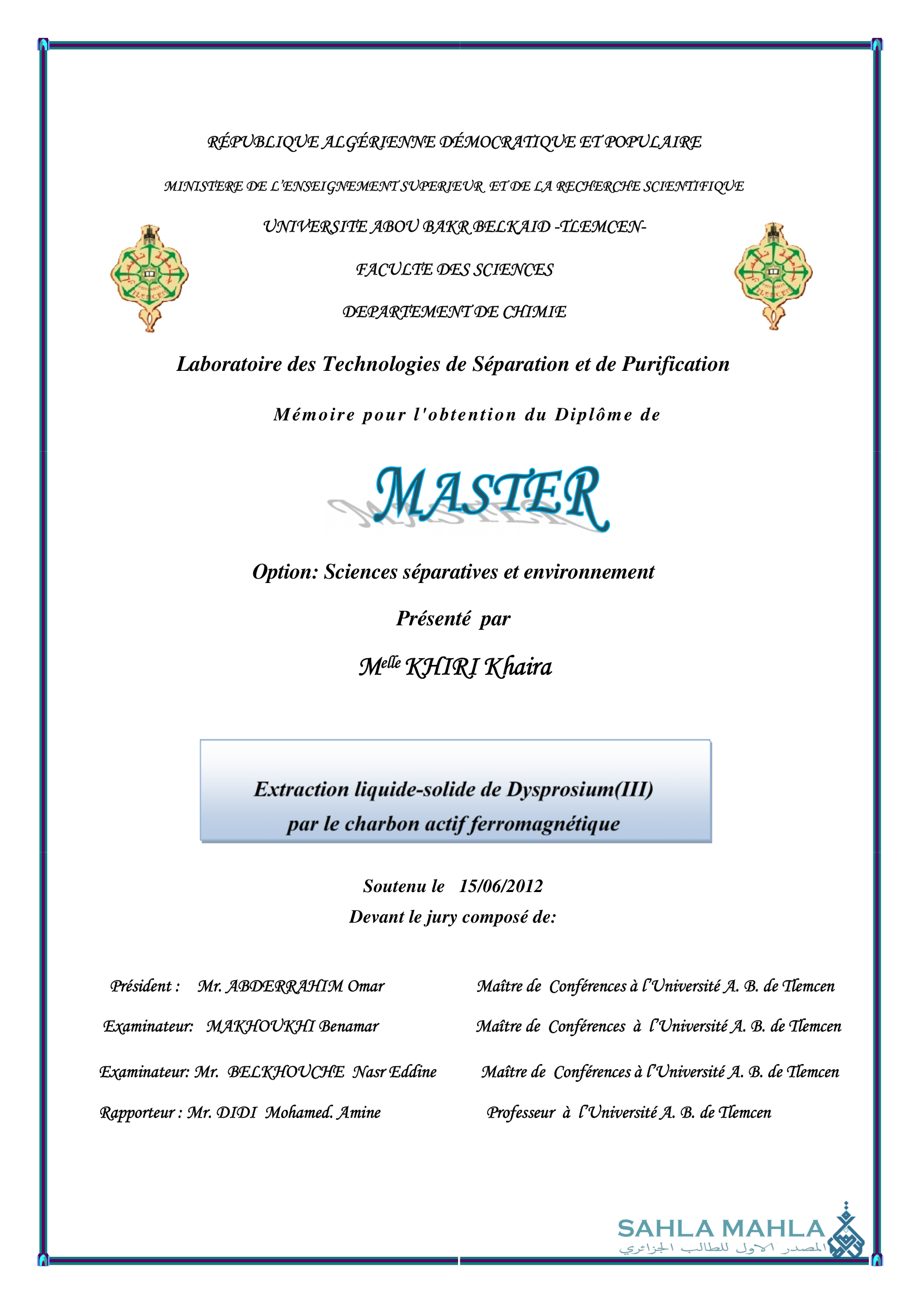 Extraction liquide-solide de Dysprosium(III) par le charbon actif ferromagnétique