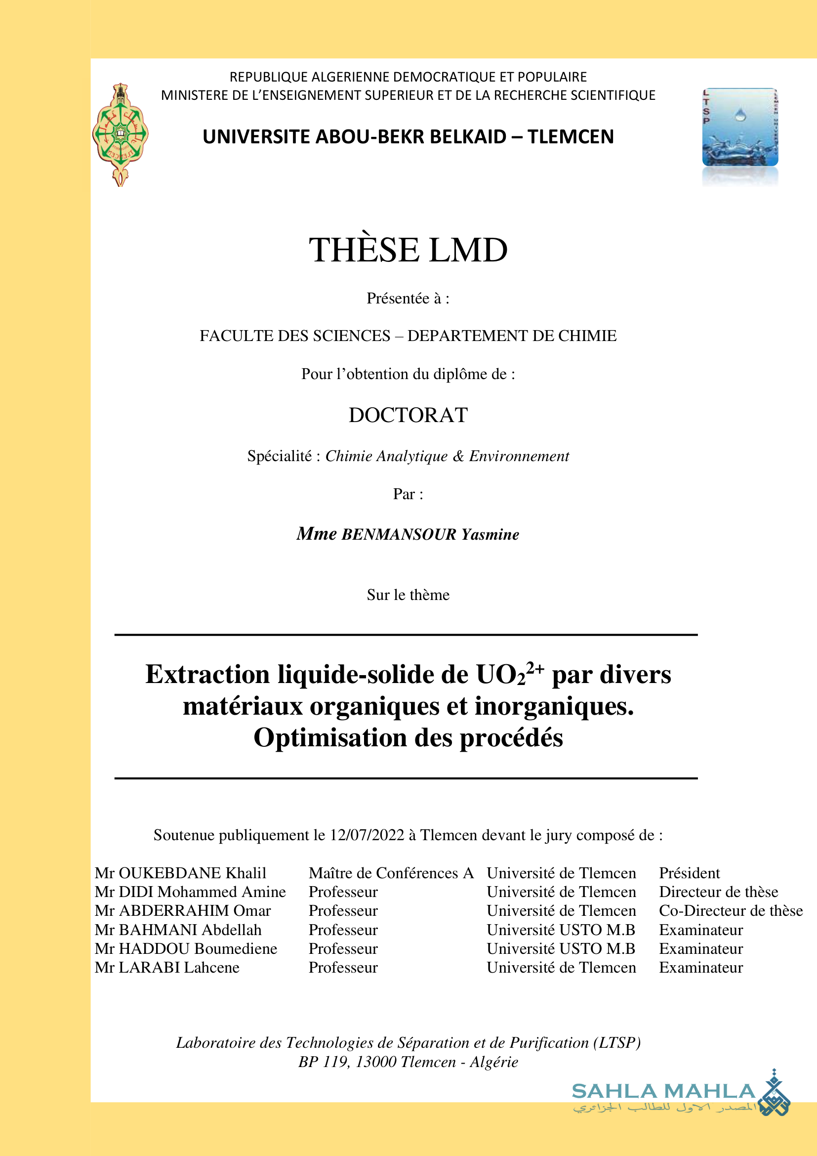 Extraction liquide-solide de UO22+ par divers matériaux organiques et inorganiques. Optimisation des procédés