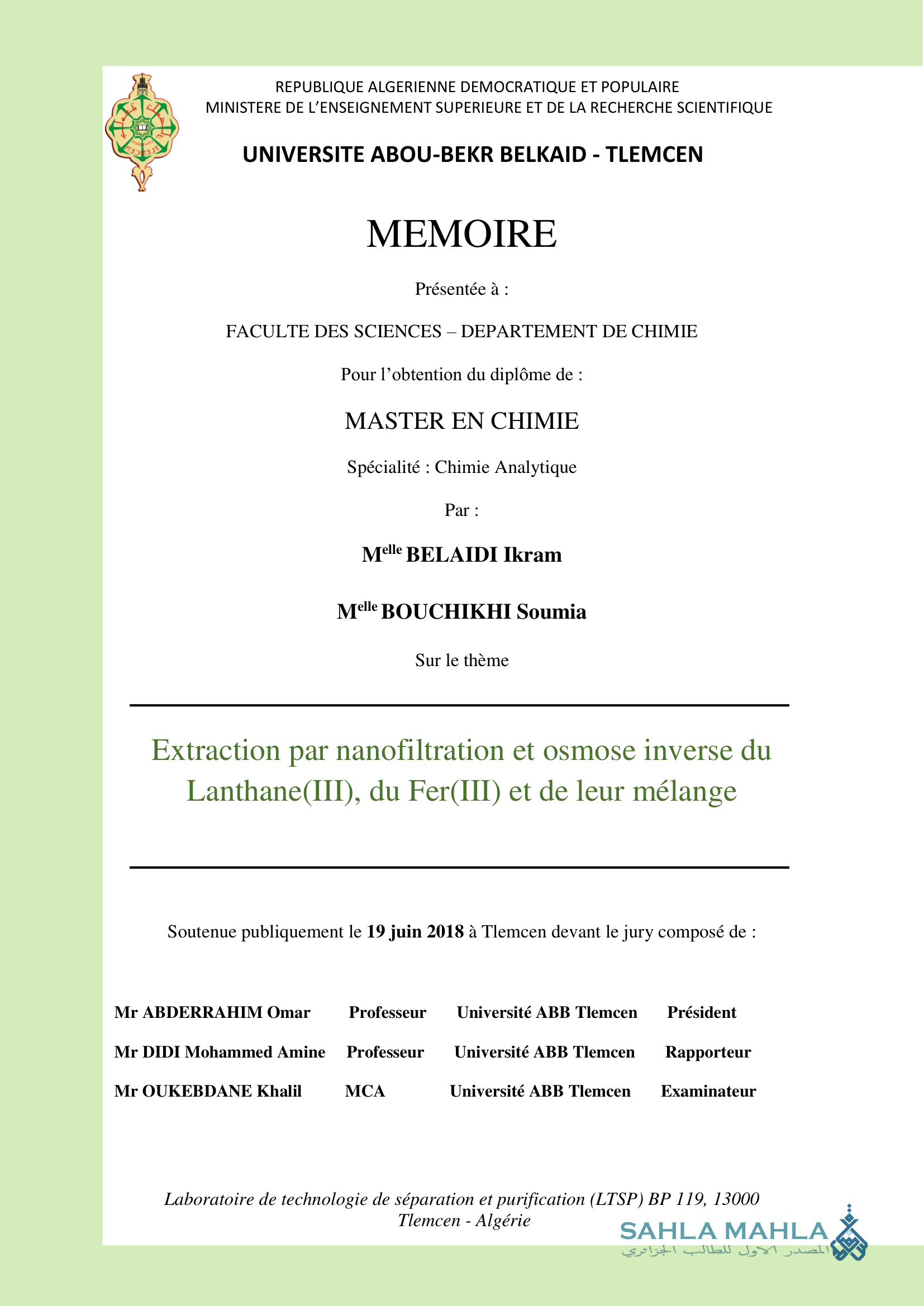 Extraction par nanofiltration et osmose inverse du Lanthane(III), du Fer(III) et de leur mélange