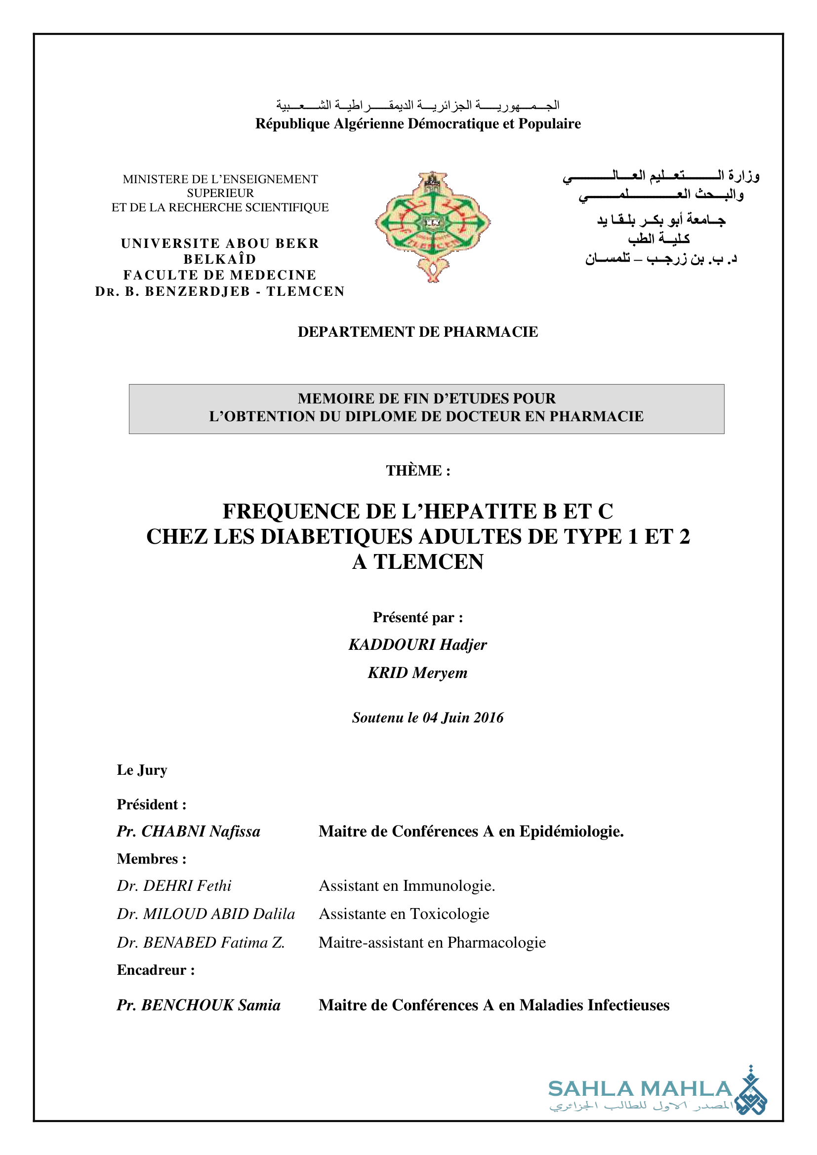 FREQUENCE DE L'HEPATITE B ET C CHEZ LES DIABETIQUES ADULTES DE TYPE 1 ET 2 A TLEMCEN