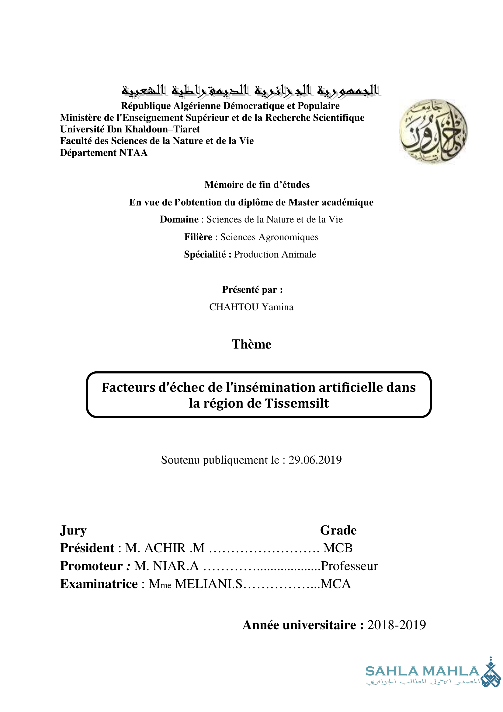 Facteurs d'échec de l'insémination artificielle dans la région de Tissemsilt