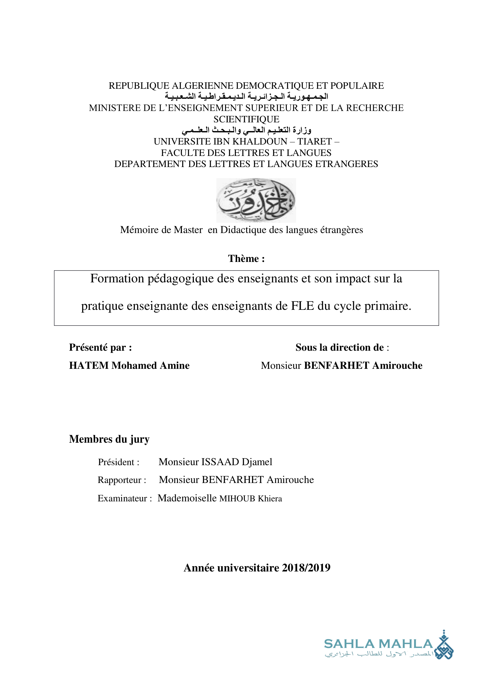 Formation pédagogique des enseignants et son impact sur la pratique enseignante des enseignants de FLE du cycle primaire.