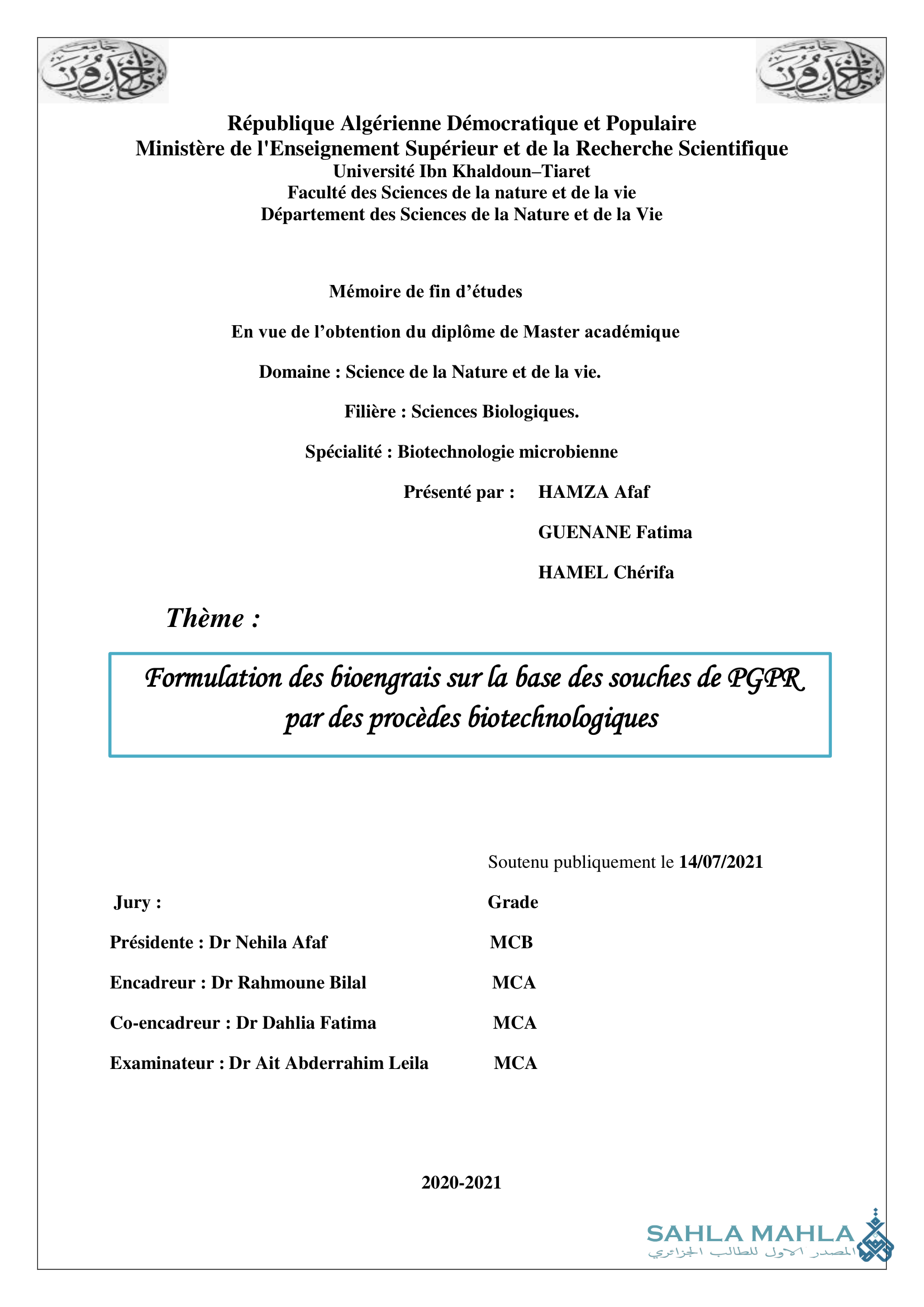 Formulation des bioengrais sur la base des souches de PGPR par des procèdes biotechnologiques