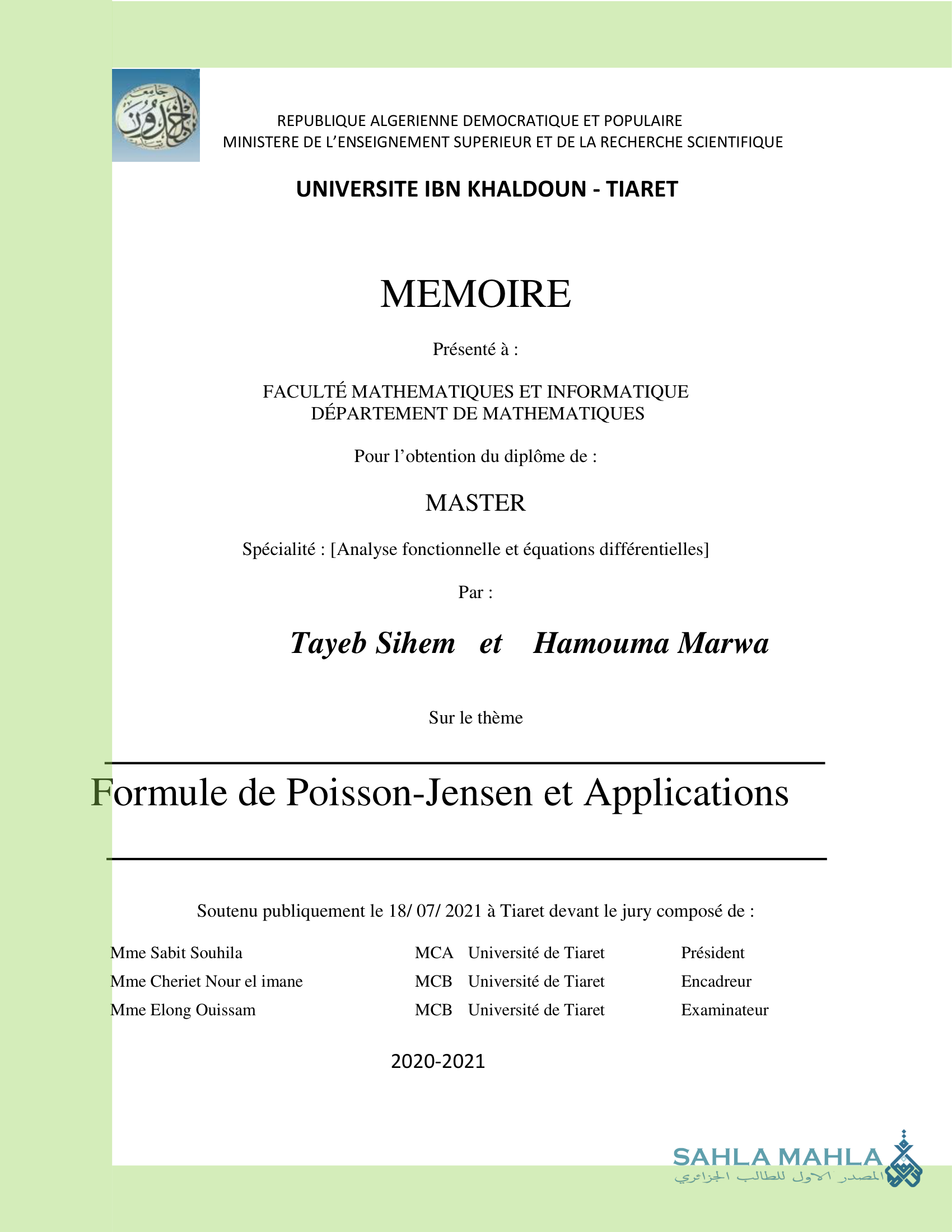 Formule de Poisson-Jensen et Applications