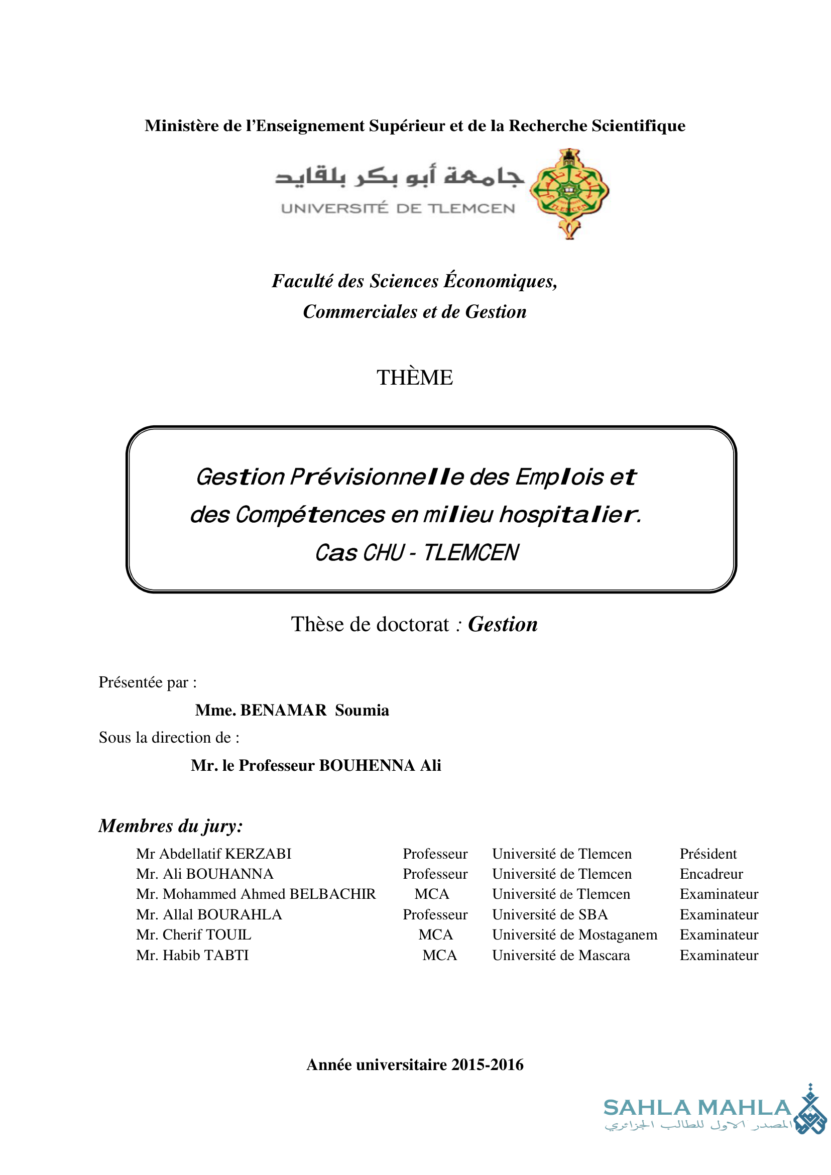 Gestion Prévisionnelle des Emplois et des Compétences en milieu hospitalier. Cas CHU-TLEMCEN