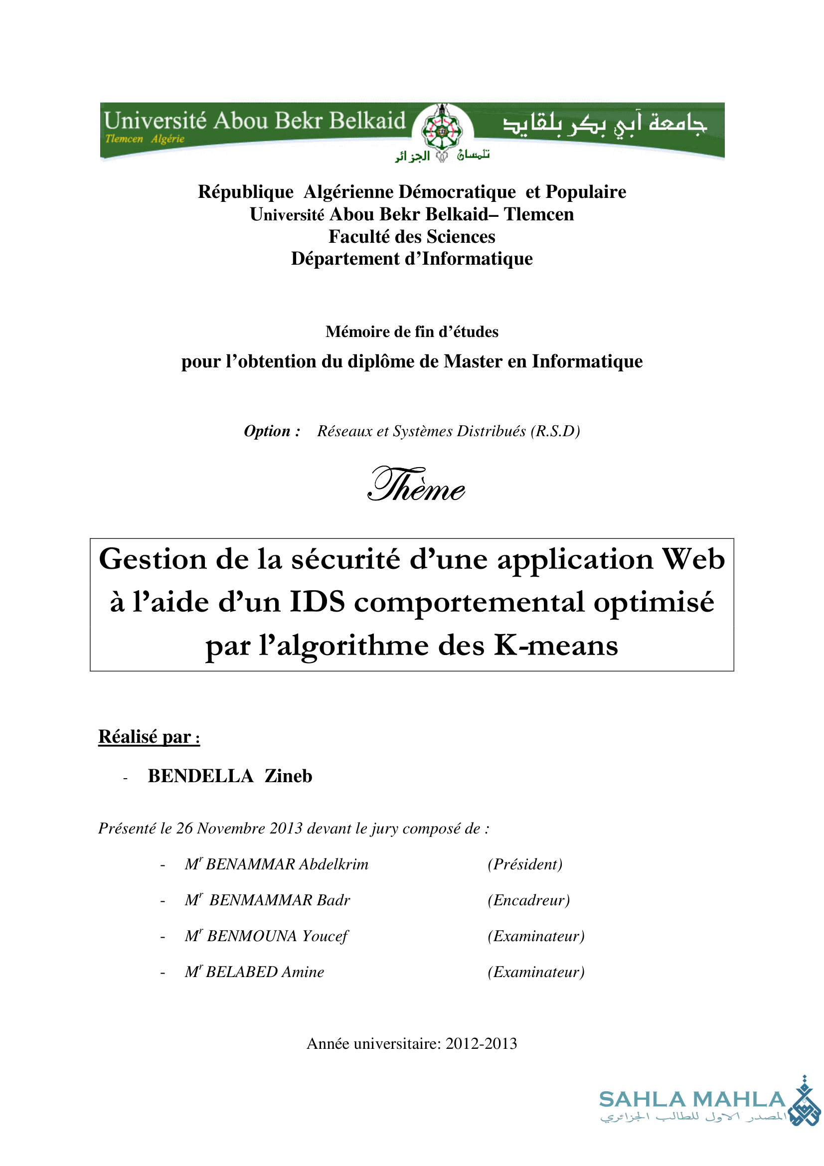 Gestion de la sécurité d'une application Web à l'aide d'un IDS comportemental optimisé par l'algorithme des K-means