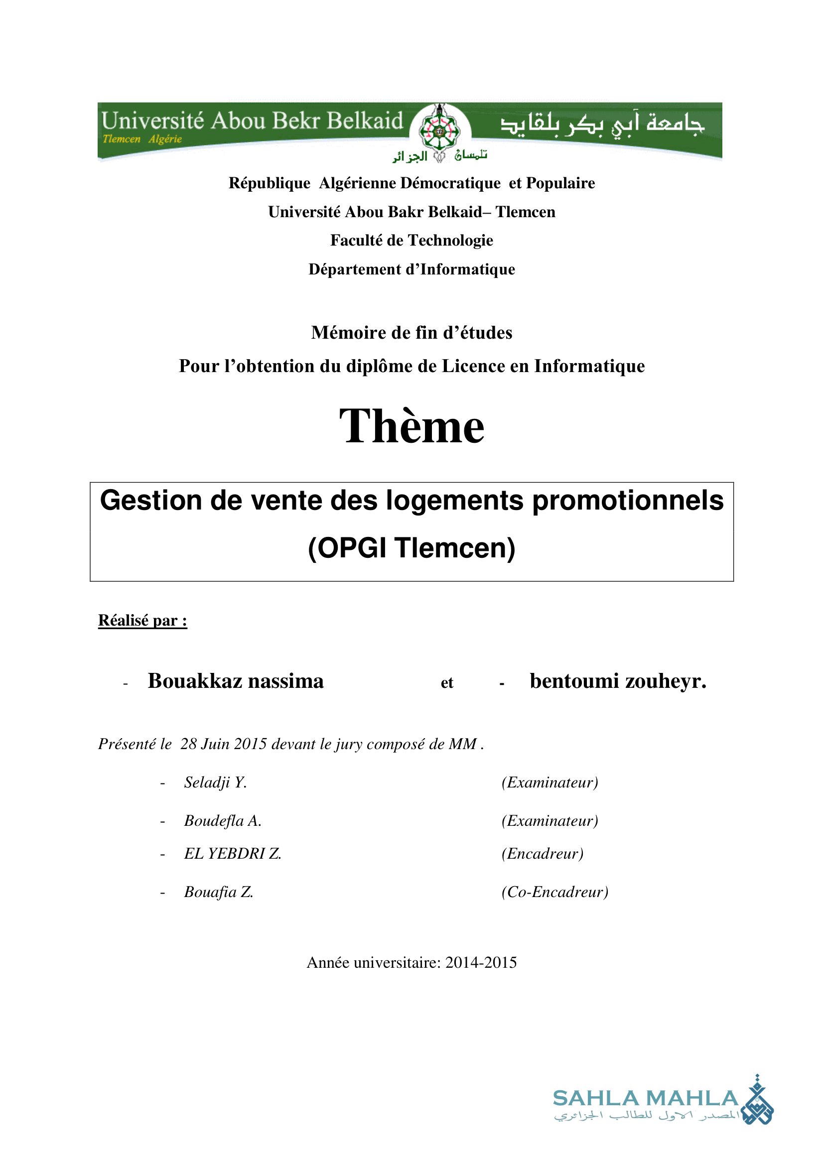 Gestion de vente des logements promotionnels (OPGI Tlemcen)