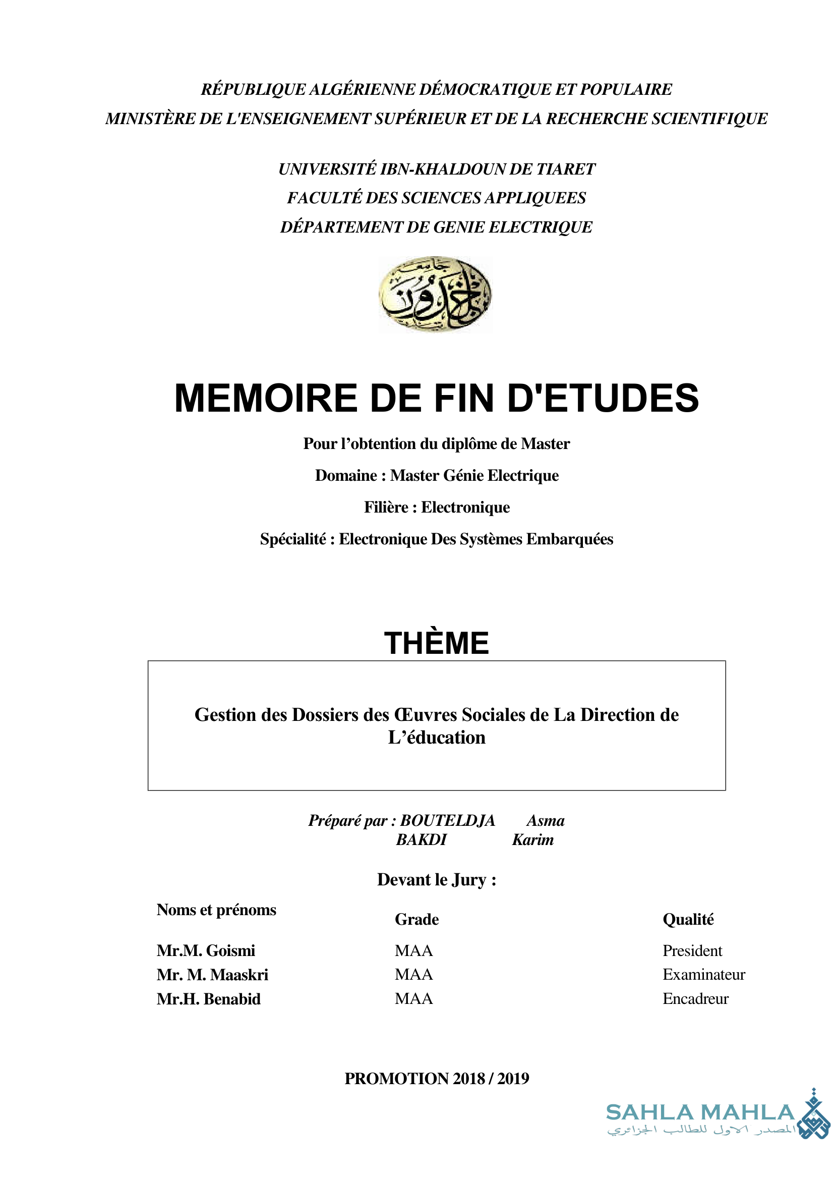 Gestion des Dossiers des Euvres Sociales de La Direction de L'éducation