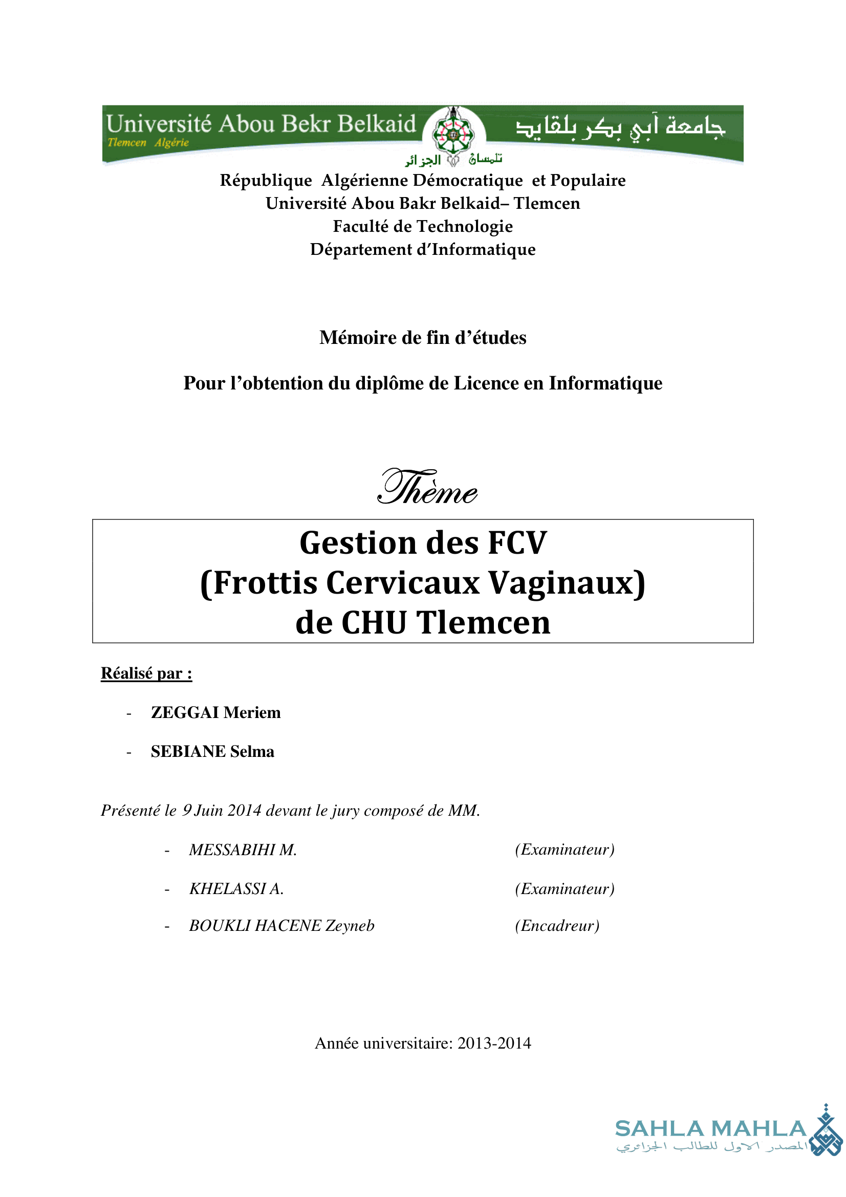 Gestion des FCV (Frottis Cervicaux Vaginaux) de CHU Tlemcen