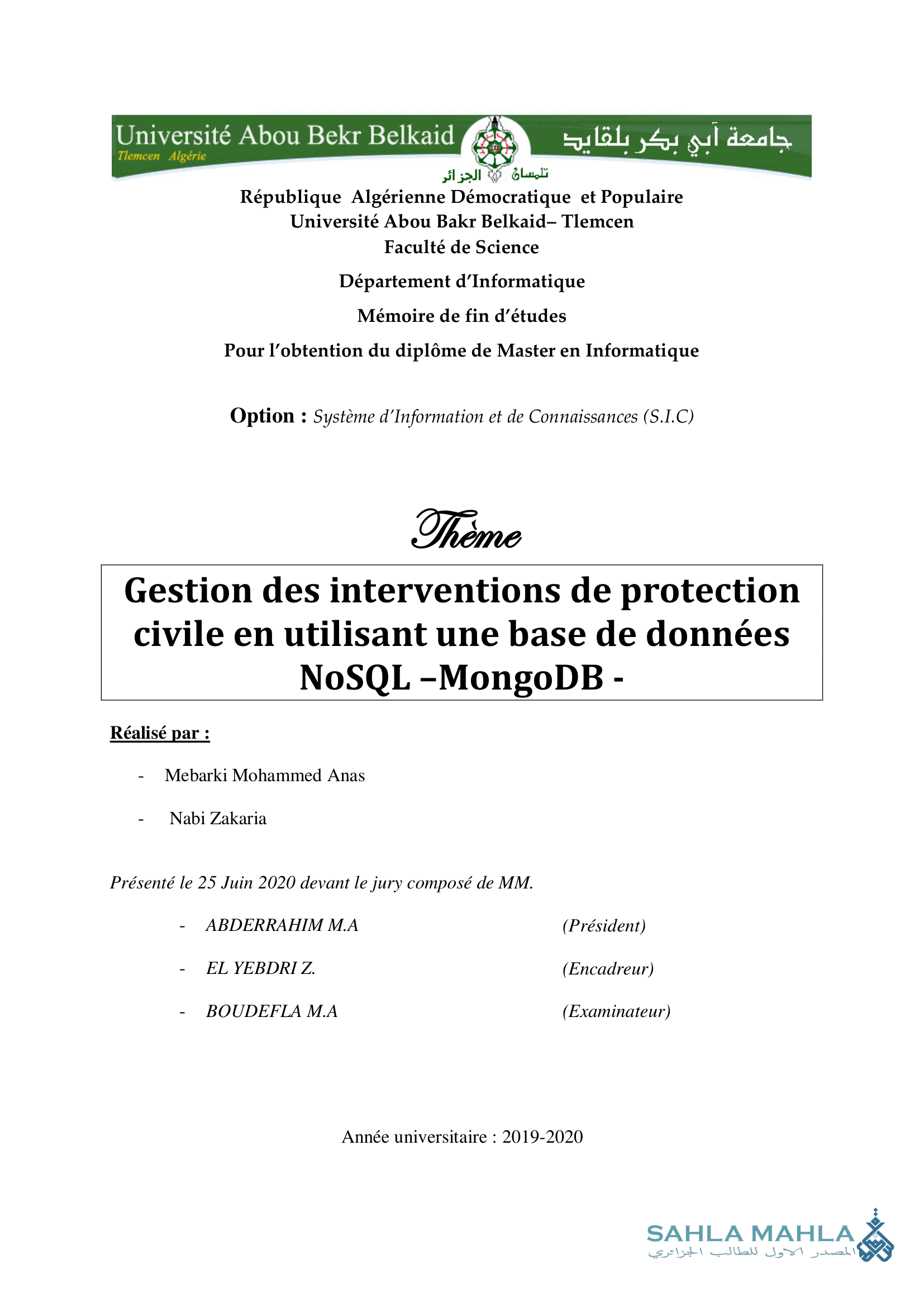 Gestion des interventions de protection civile en utilisant une base de données NoSQL -MongoDB -