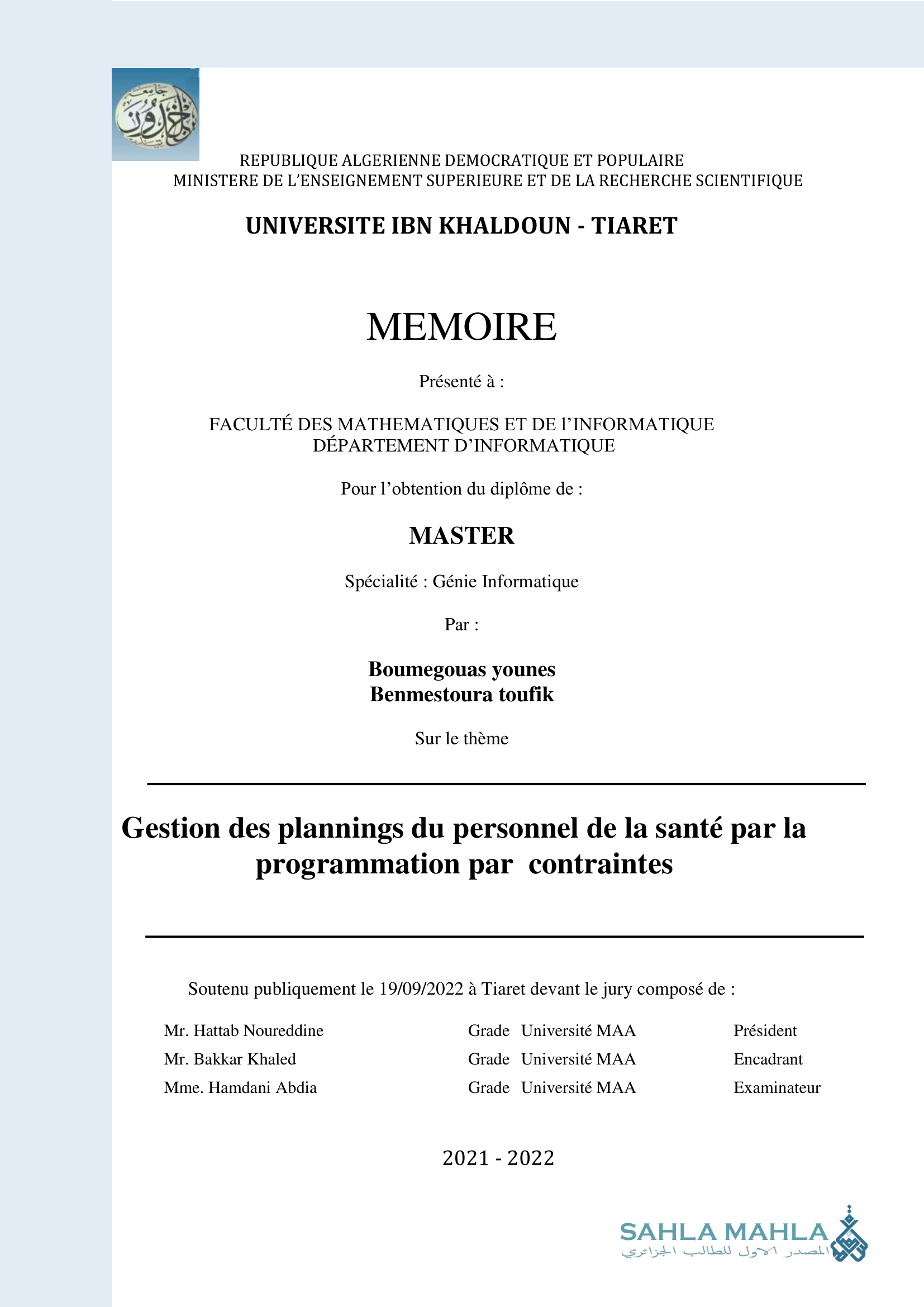 Gestion des plannings du personnel de la santé par la programmation par contraintes