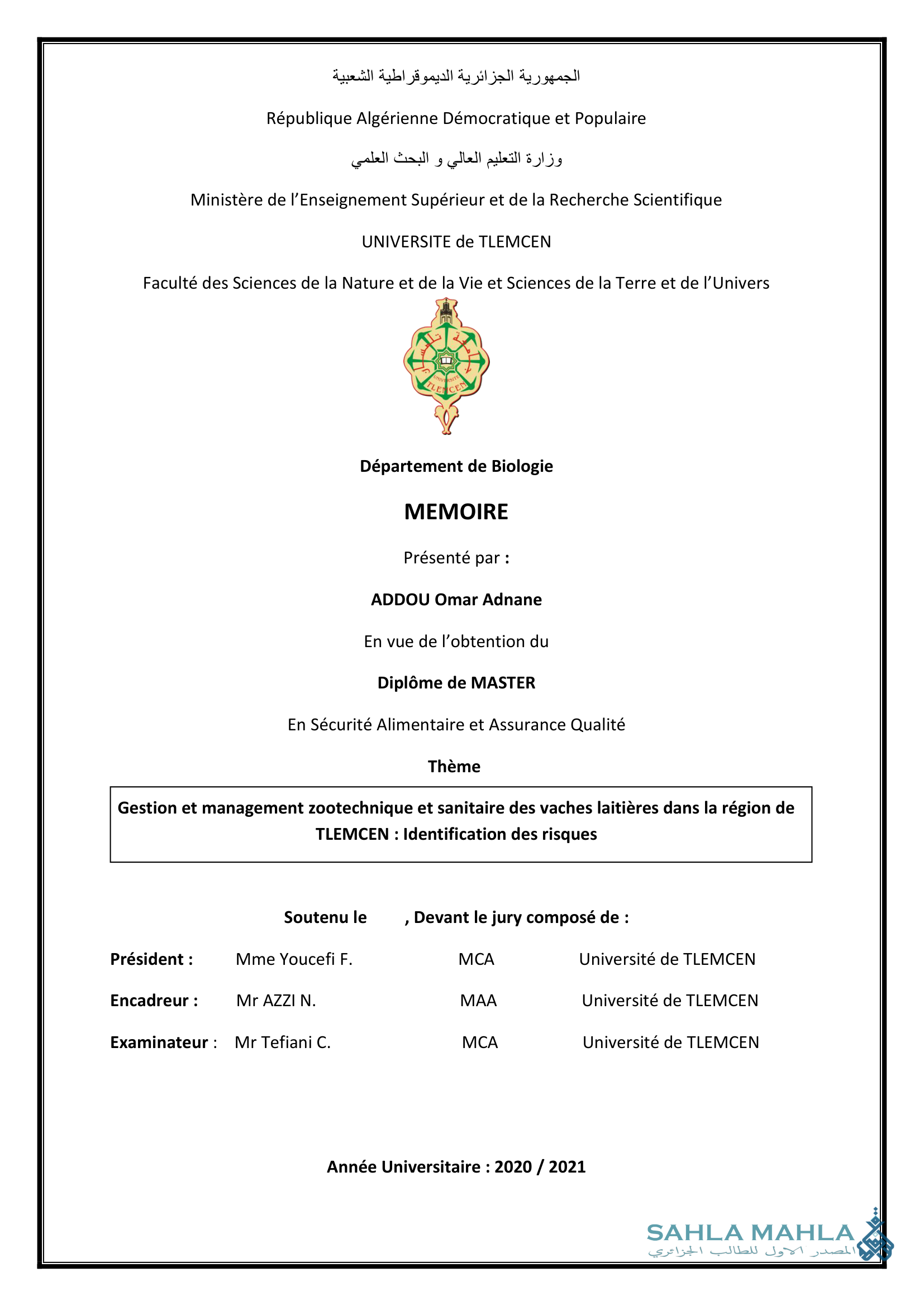 Gestion et management zootechnique et sanitaire des vaches laitières dans la région de TLEMCEN: Identification des risques