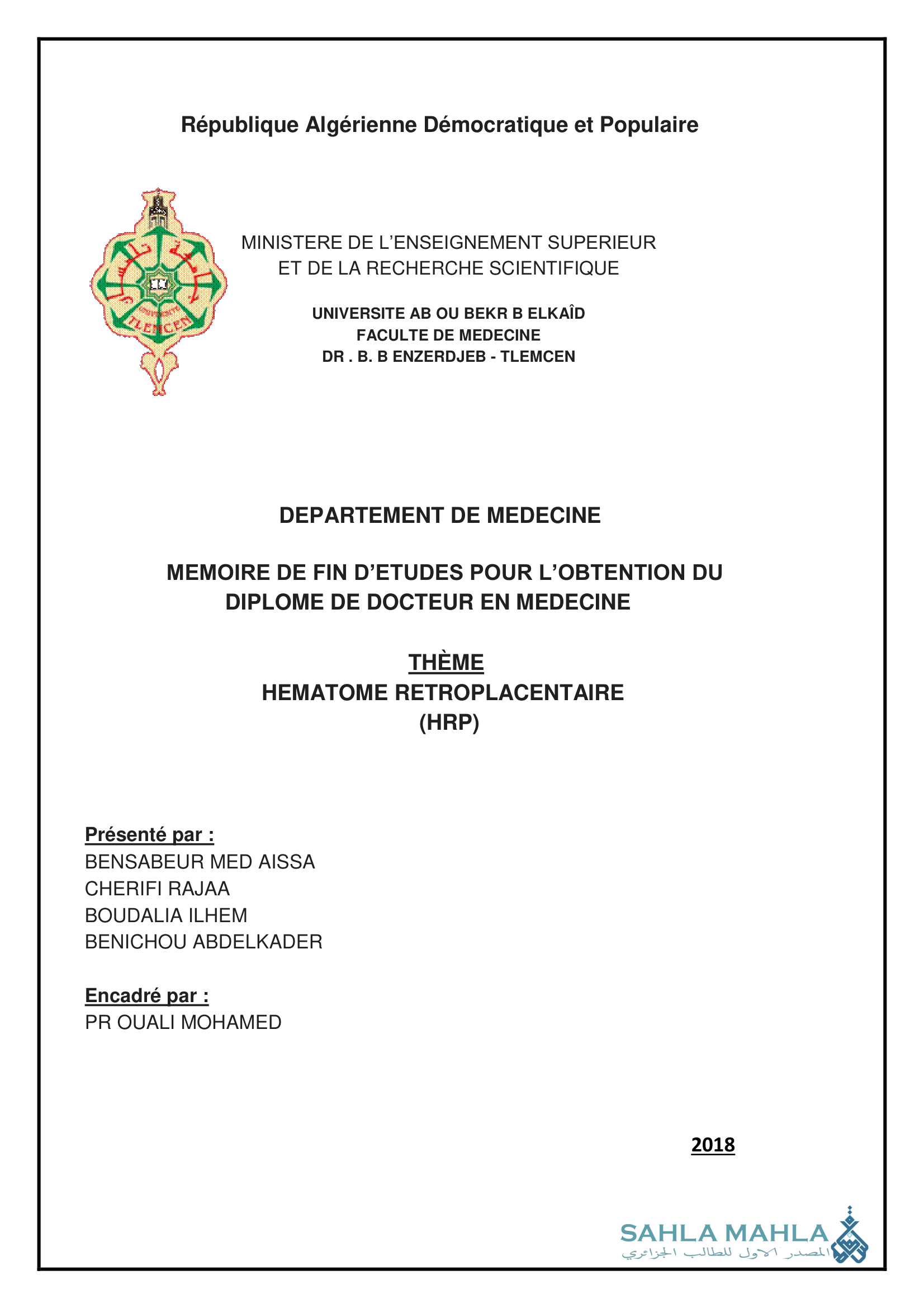 HEMATOME RETROPLACENTAIRE (HRP)