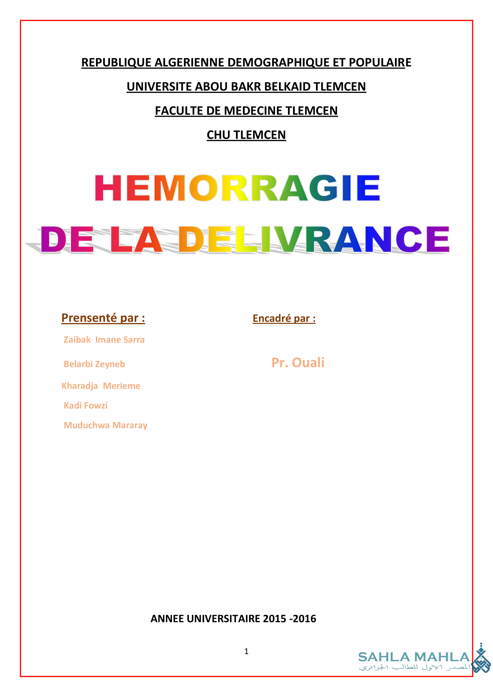 HEMORRAGIE DE LA DELIVRANCE