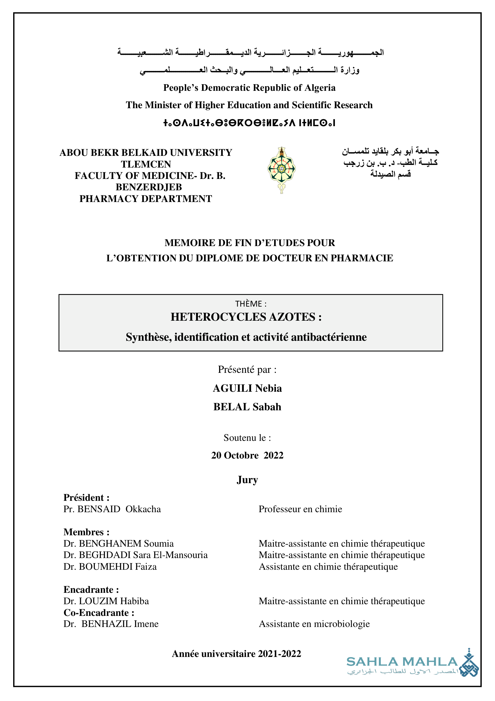 HETEROCYCLES AZOTES: Synthèse, identification et activité antibactérienne