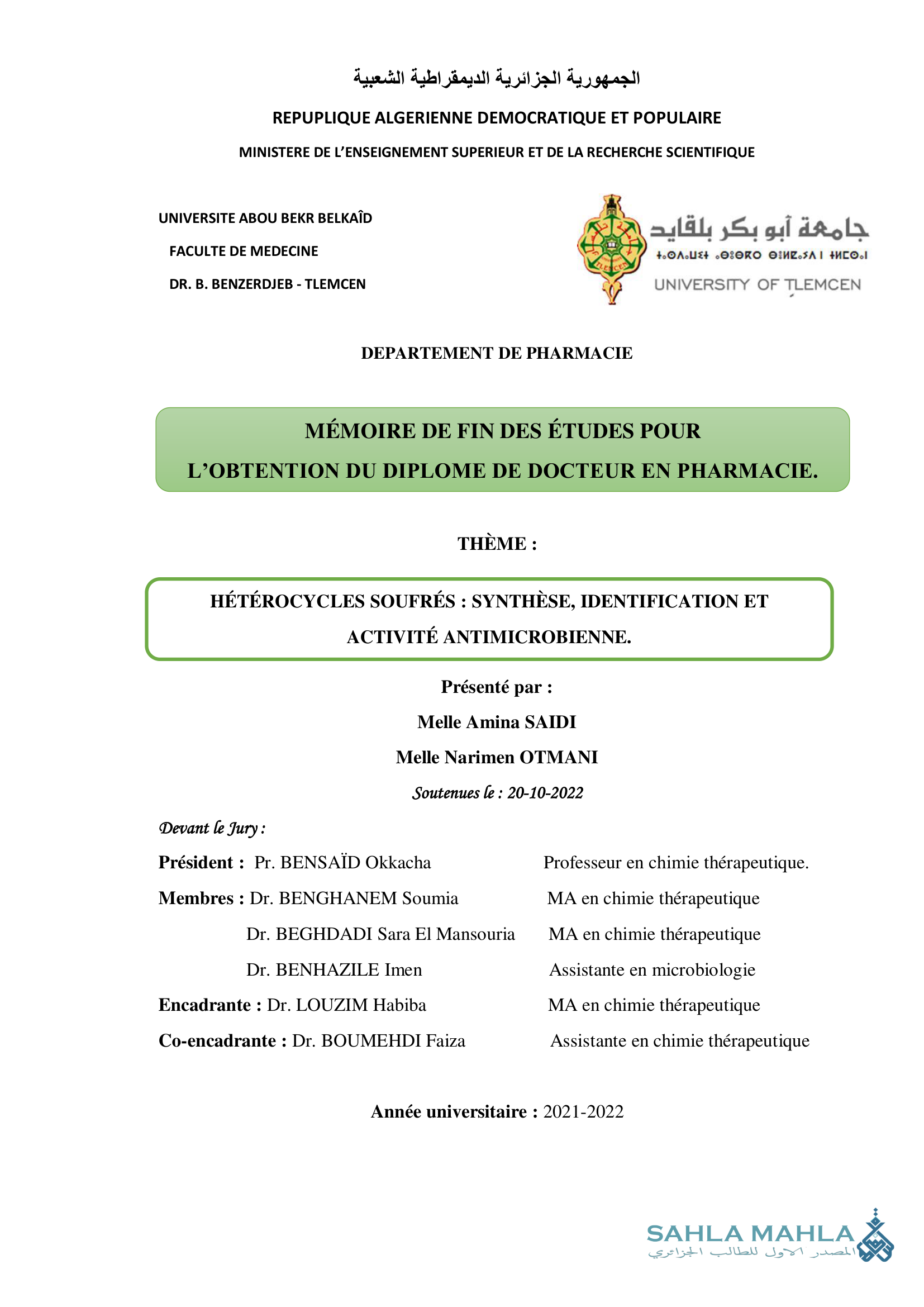 HÉTÉROCYCLES SOUFRÉS: SYNTHÈSE, IDENTIFICATION ET ACTIVITÉ ANTIMICROBIENNE.