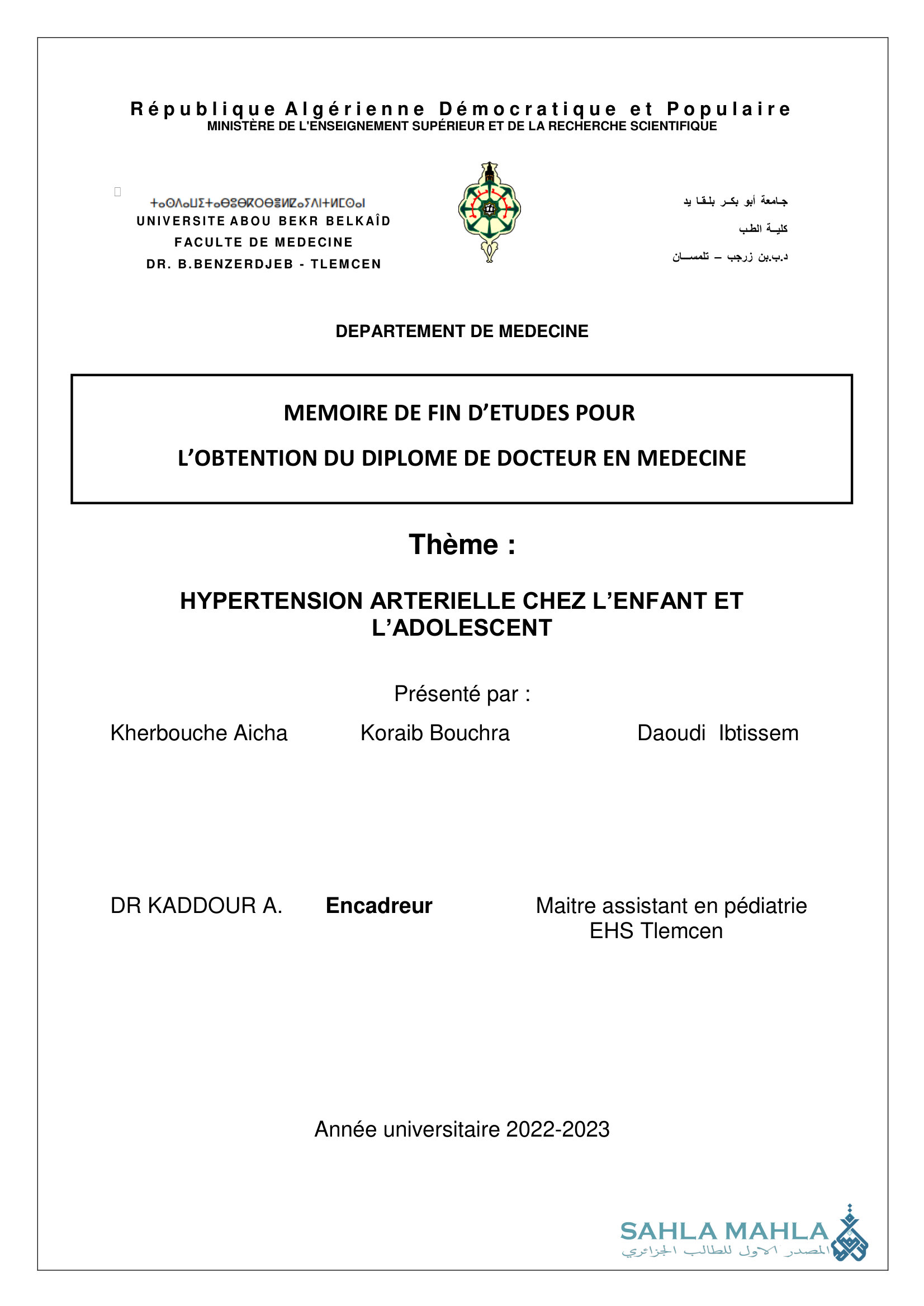 HYPERTENSION ARTERIELLE CHEZ L'ENFANT ET L'ADOLESCENT