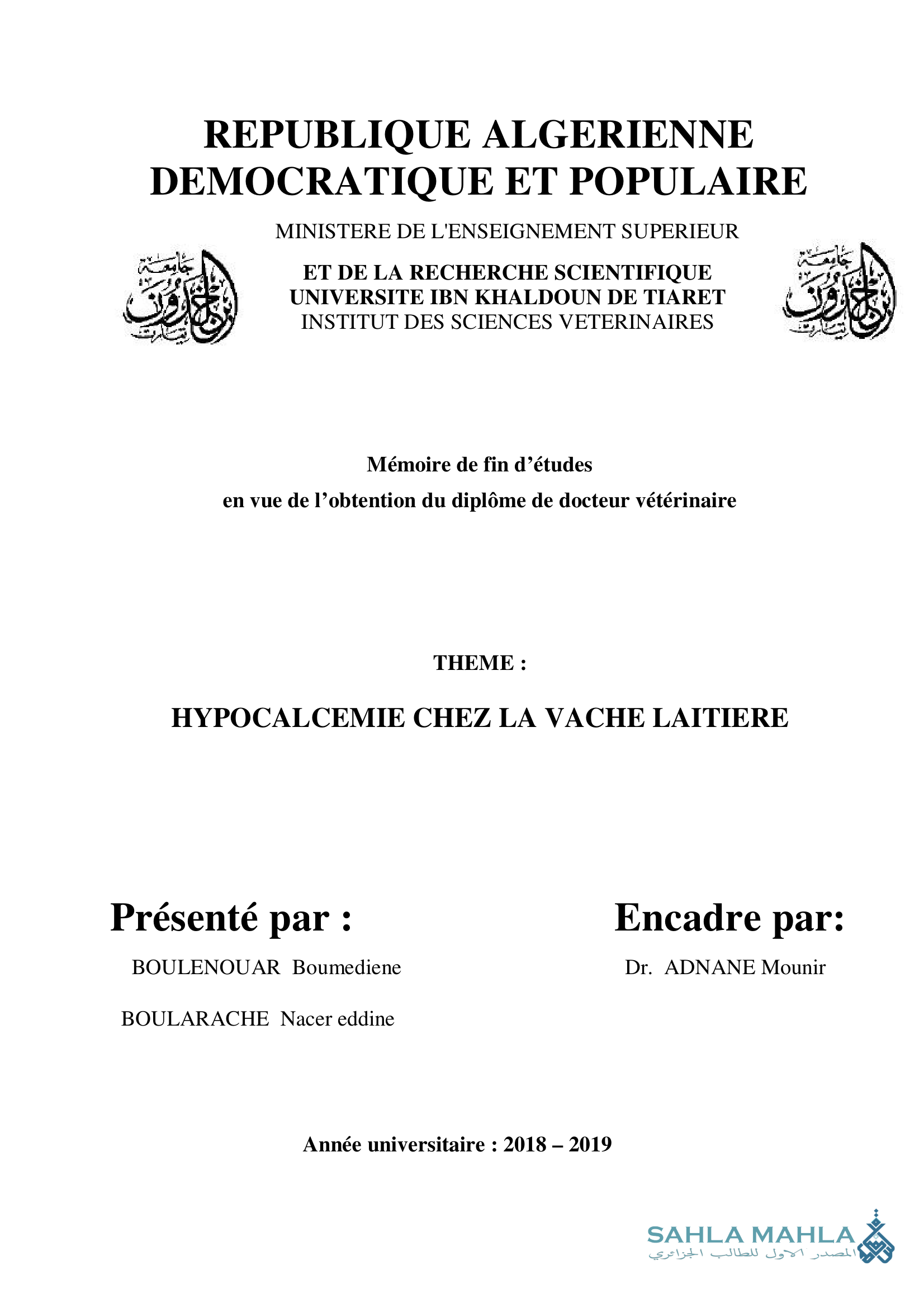 HYPOCALCEMIE CHEZ LA VACHE LAITIERE