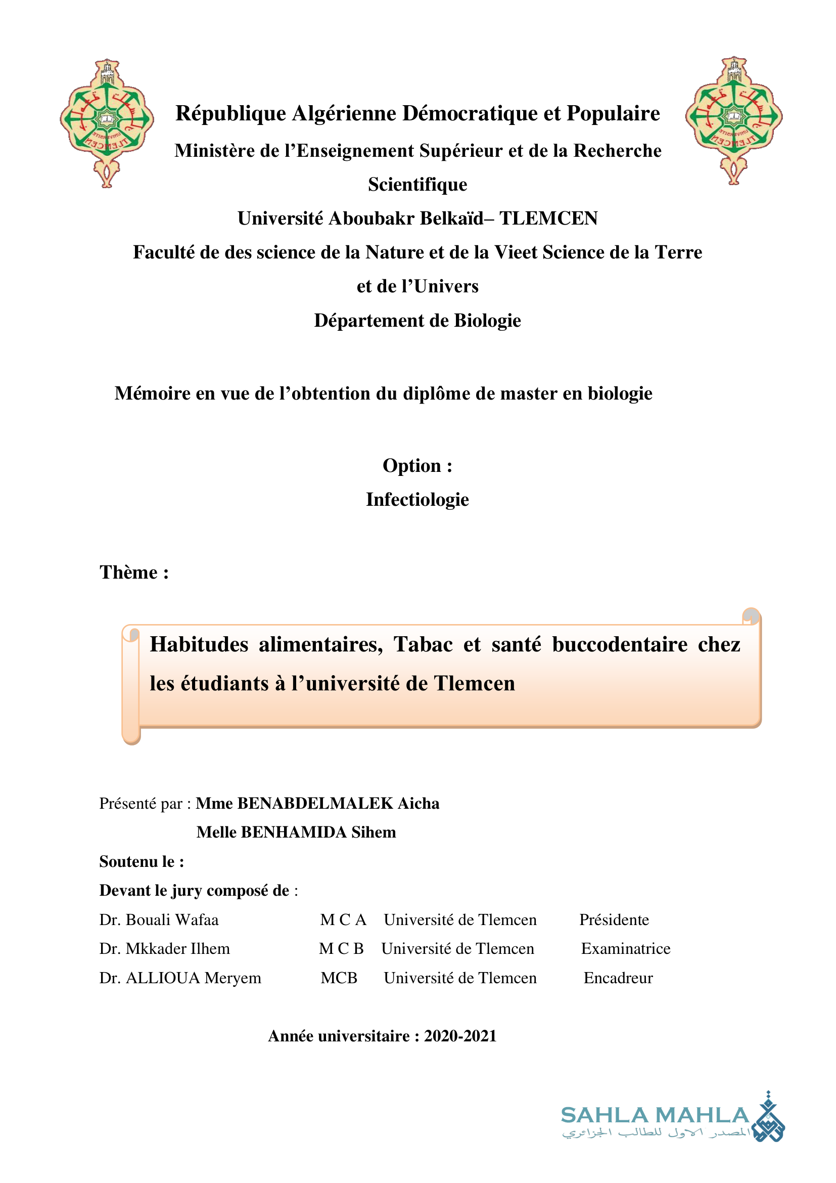 Habitudes alimentaires, Tabac et santé buccodentaire chez les étudiants à l'université de Tlemcen