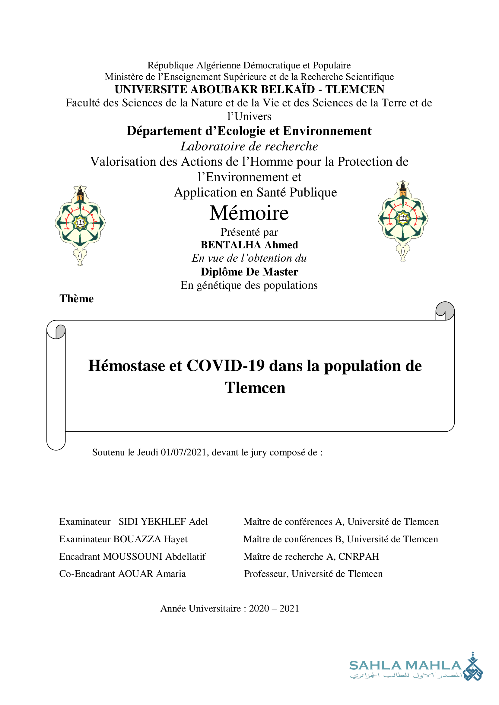 Hémostase et COVID-19 dans la population de Tlemcen