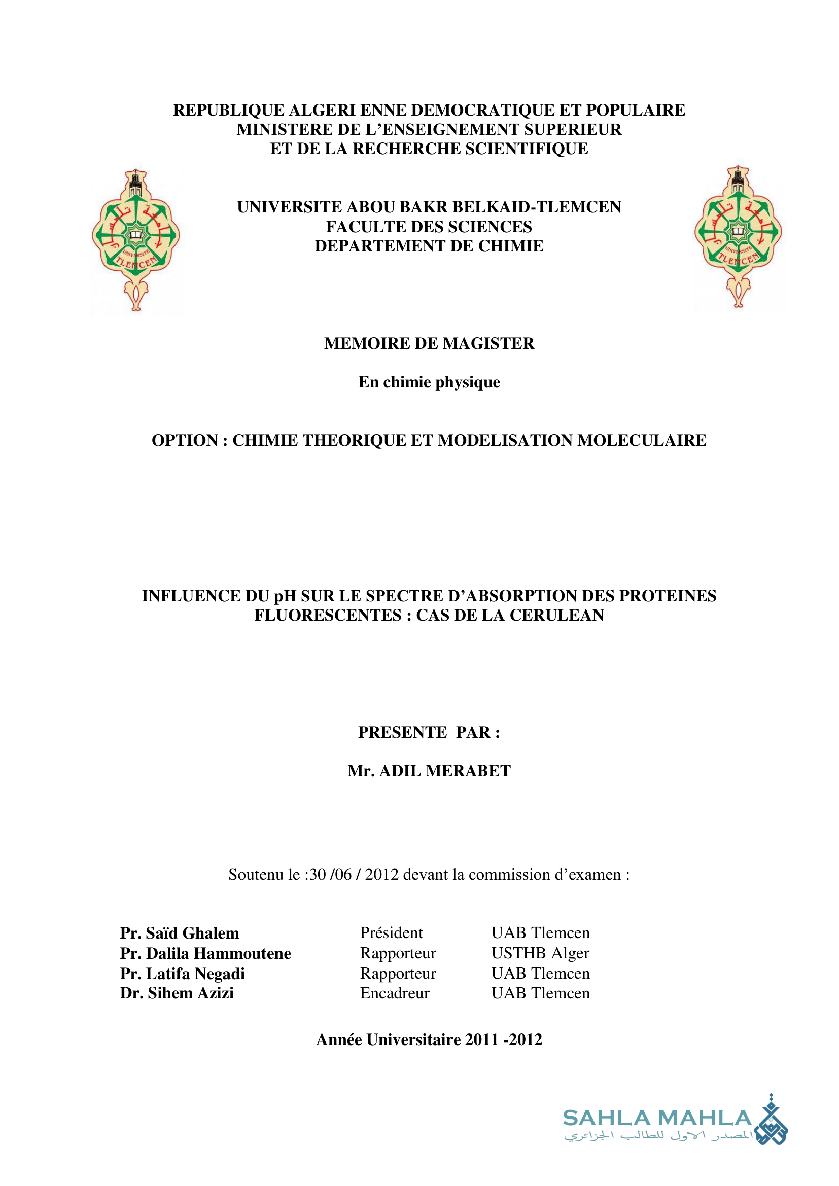 INFLUENCE DU pH SUR LE SPECTRE D'ABSORPTION DES PROTEINES FLUORESCENTES: CAS DE LA CERULEAN